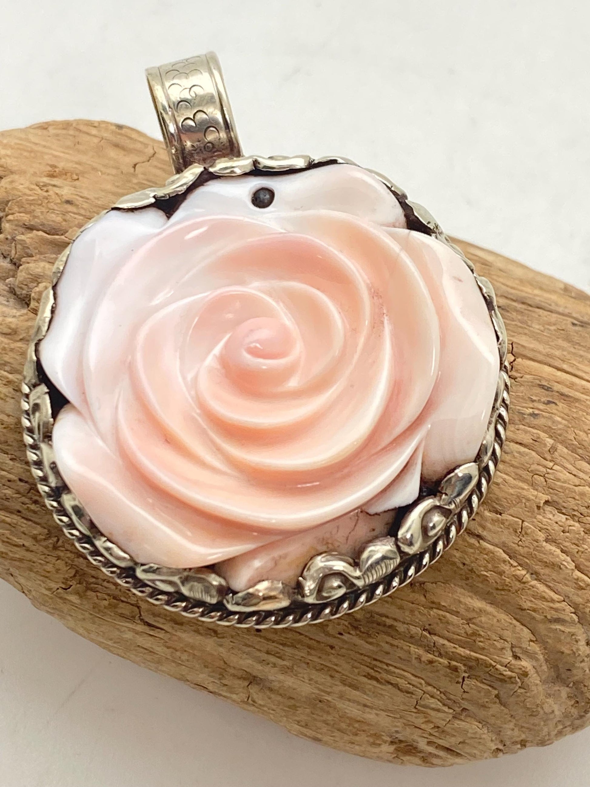 Handcrafted Shell Carved Rose Pendant: Tibetan Silver Flower
