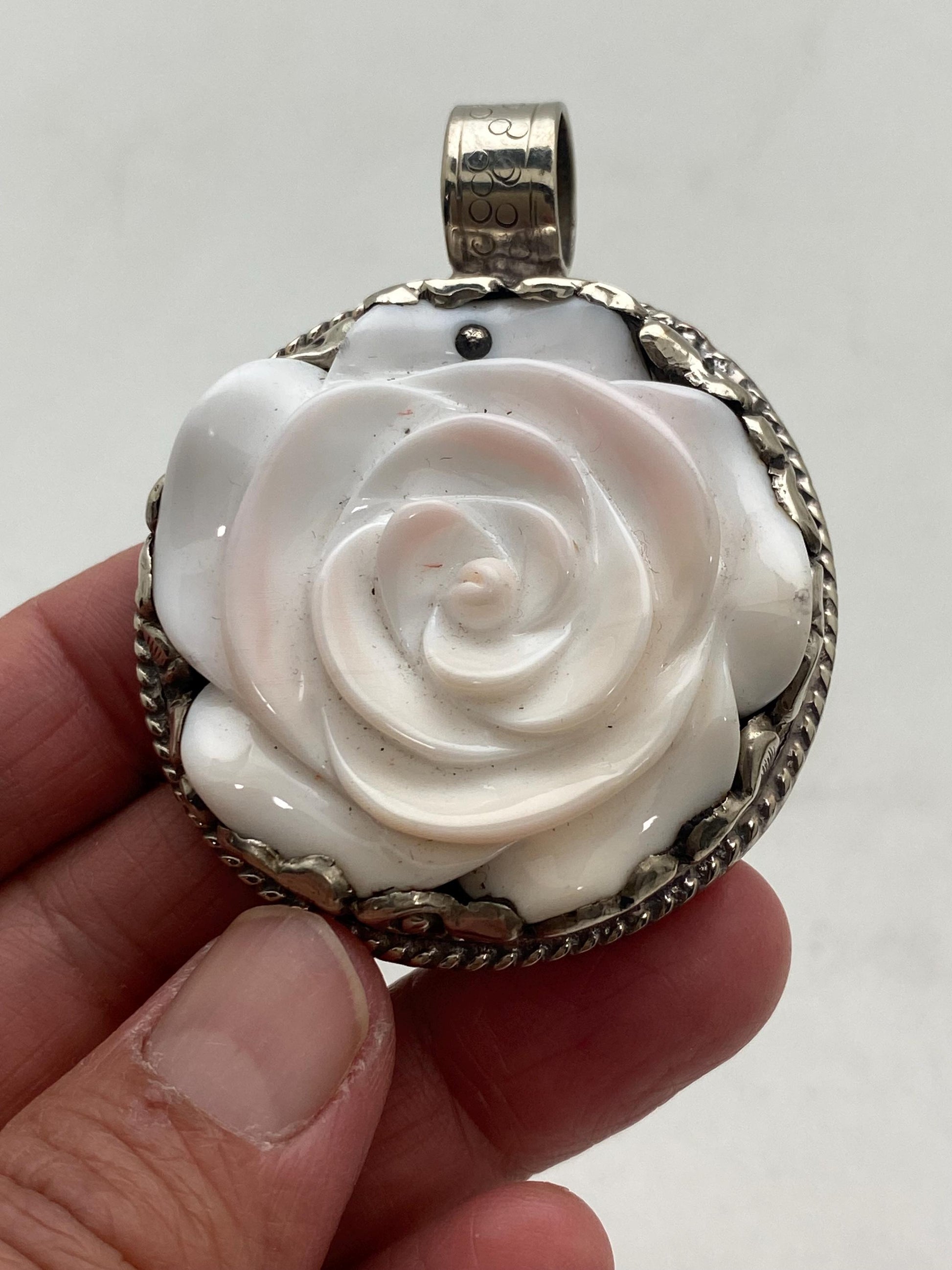 Handcrafted Shell Carved Rose Pendant: Tibetan Silver Flower