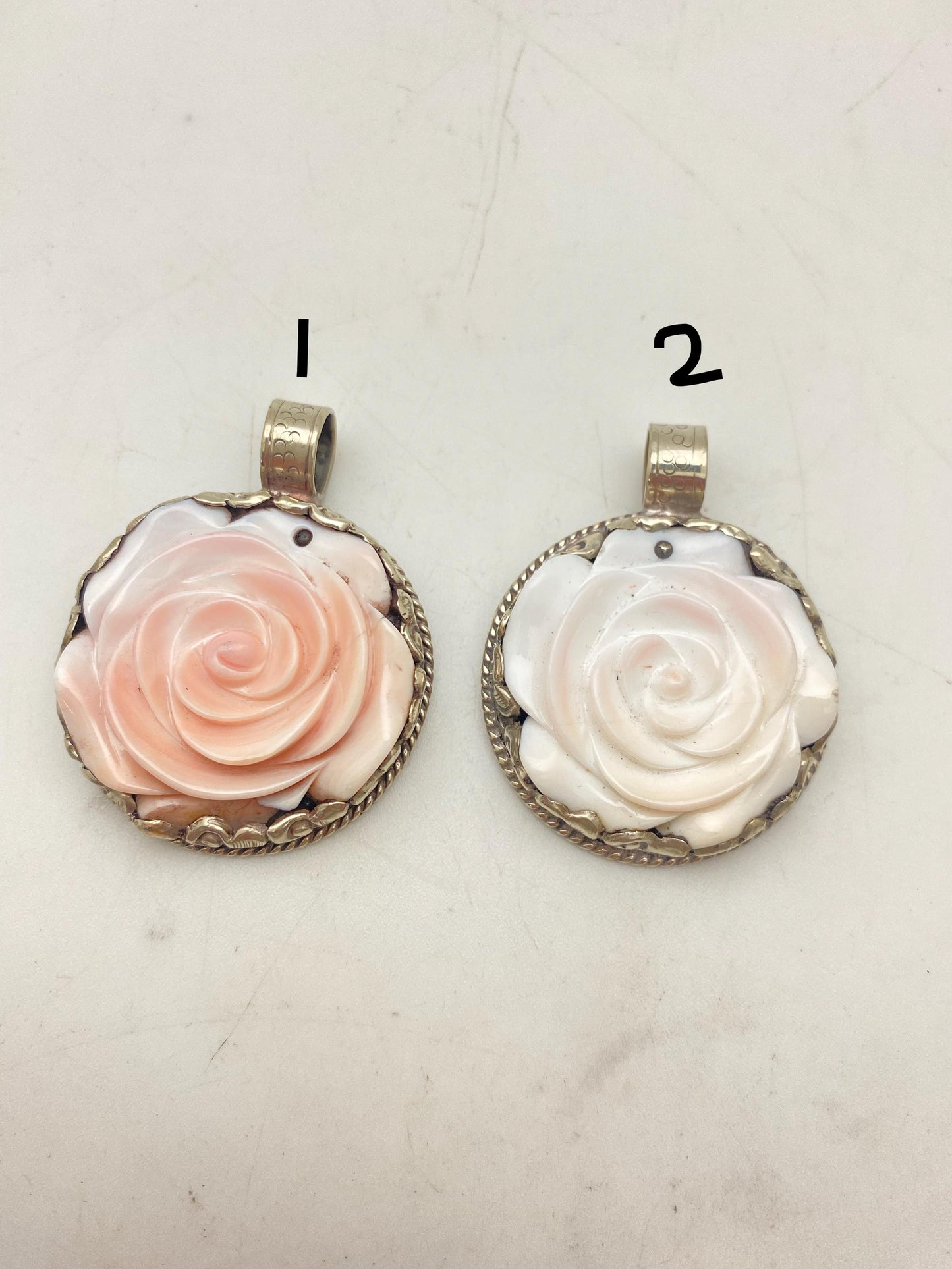 Handcrafted Shell Carved Rose Pendant: Tibetan Silver Flower