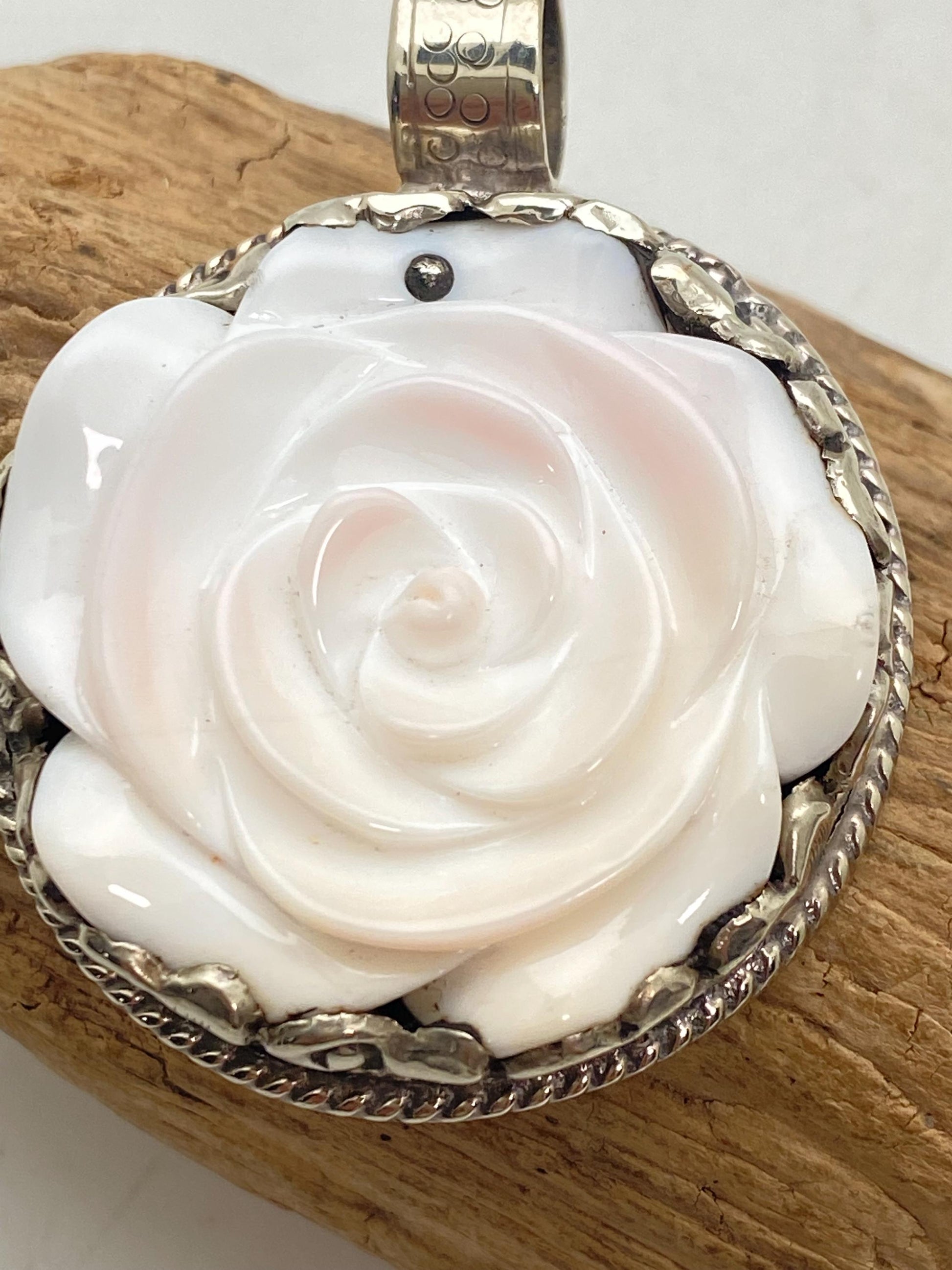 Handcrafted Shell Carved Rose Pendant: Tibetan Silver Flower