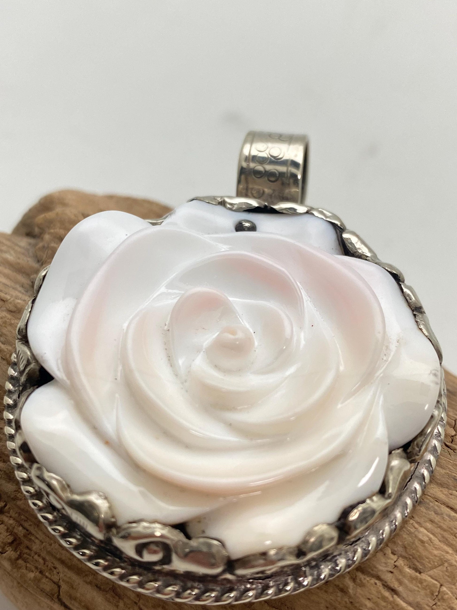 Handcrafted Shell Carved Rose Pendant: Tibetan Silver Flower