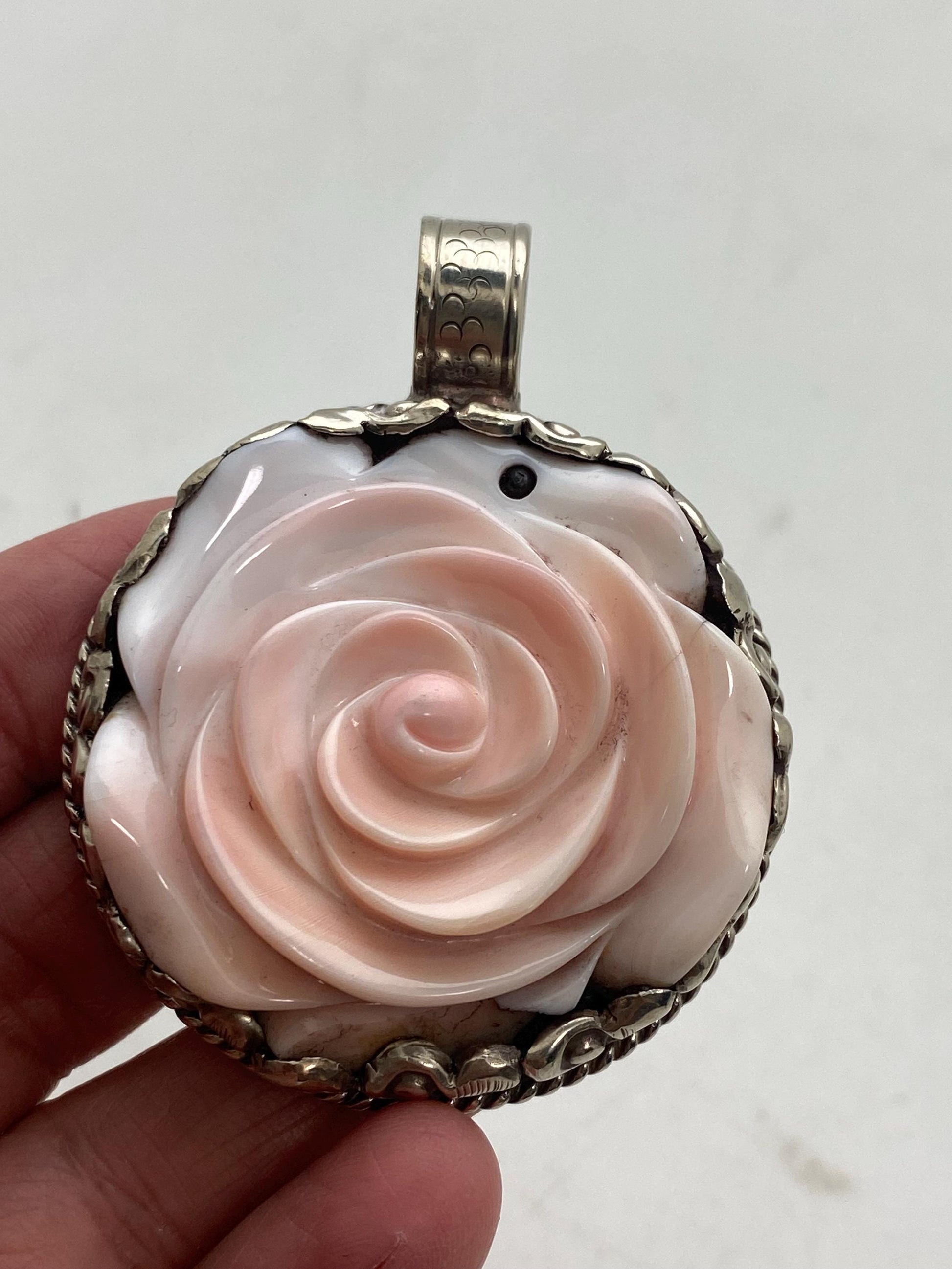 Handcrafted Shell Carved Rose Pendant: Tibetan Silver Flower