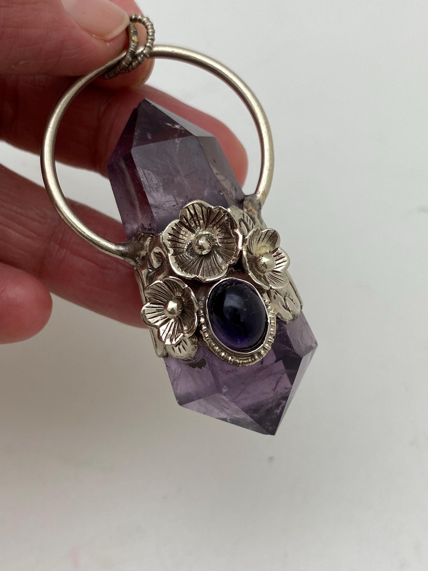 Handcrafted Amethyst Double Point Pendant: Tibetan Silver Floral Design