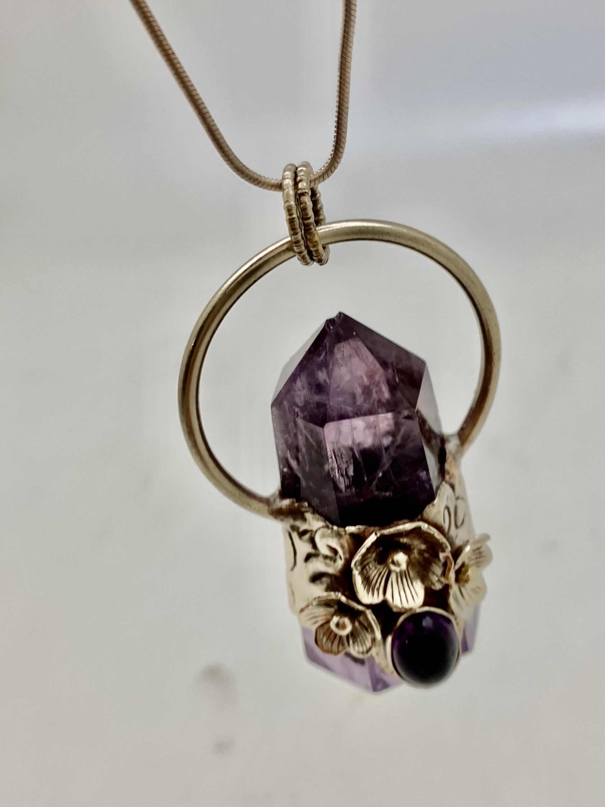 Handcrafted Amethyst Double Point Pendant: Tibetan Silver Floral Design
