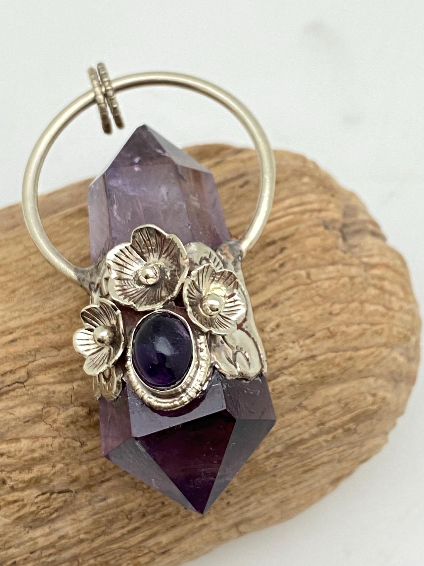 Handcrafted Amethyst Double Point Pendant: Tibetan Silver Floral Design