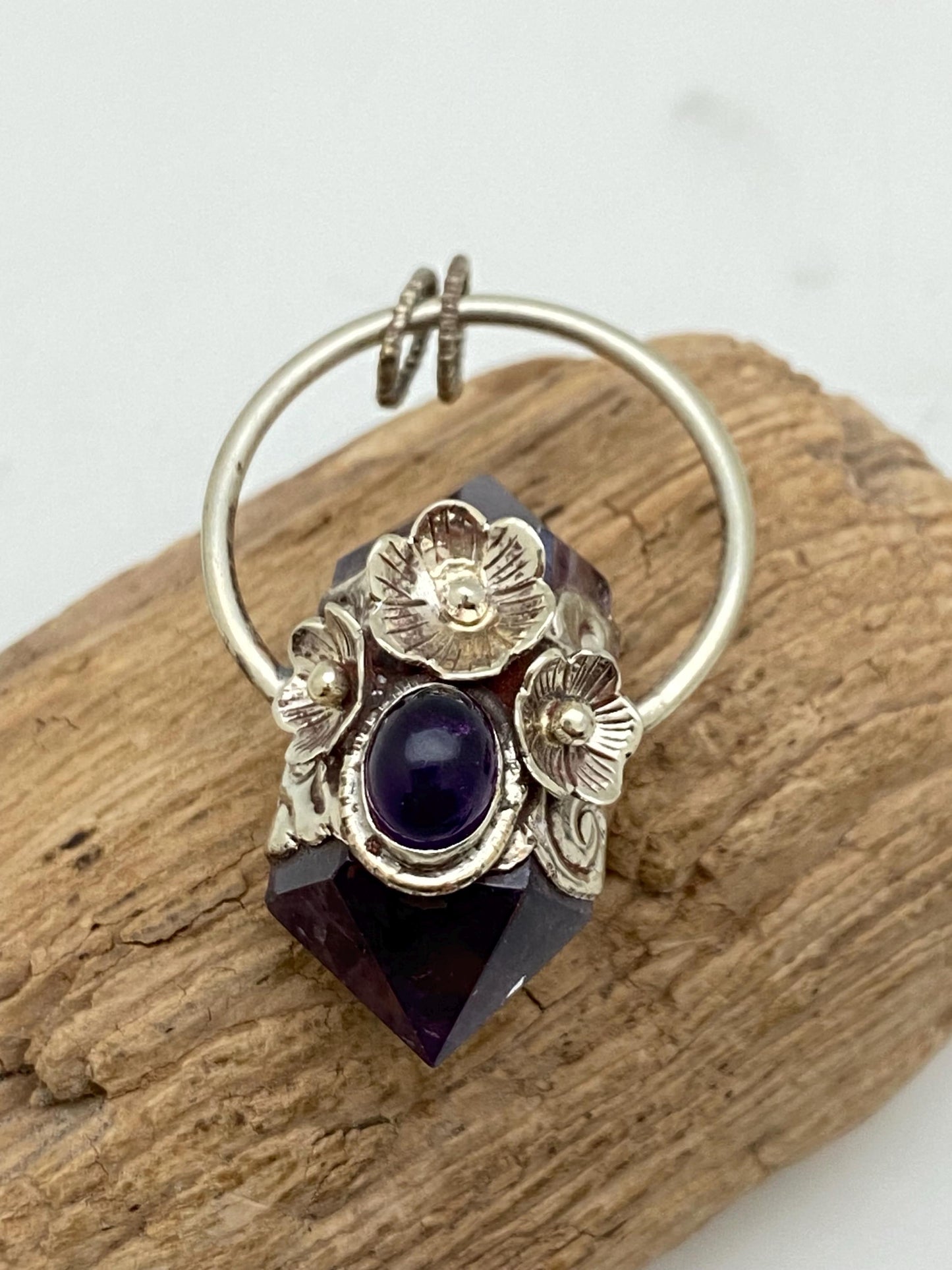 Handcrafted Amethyst Double Point Pendant: Tibetan Silver Floral Design