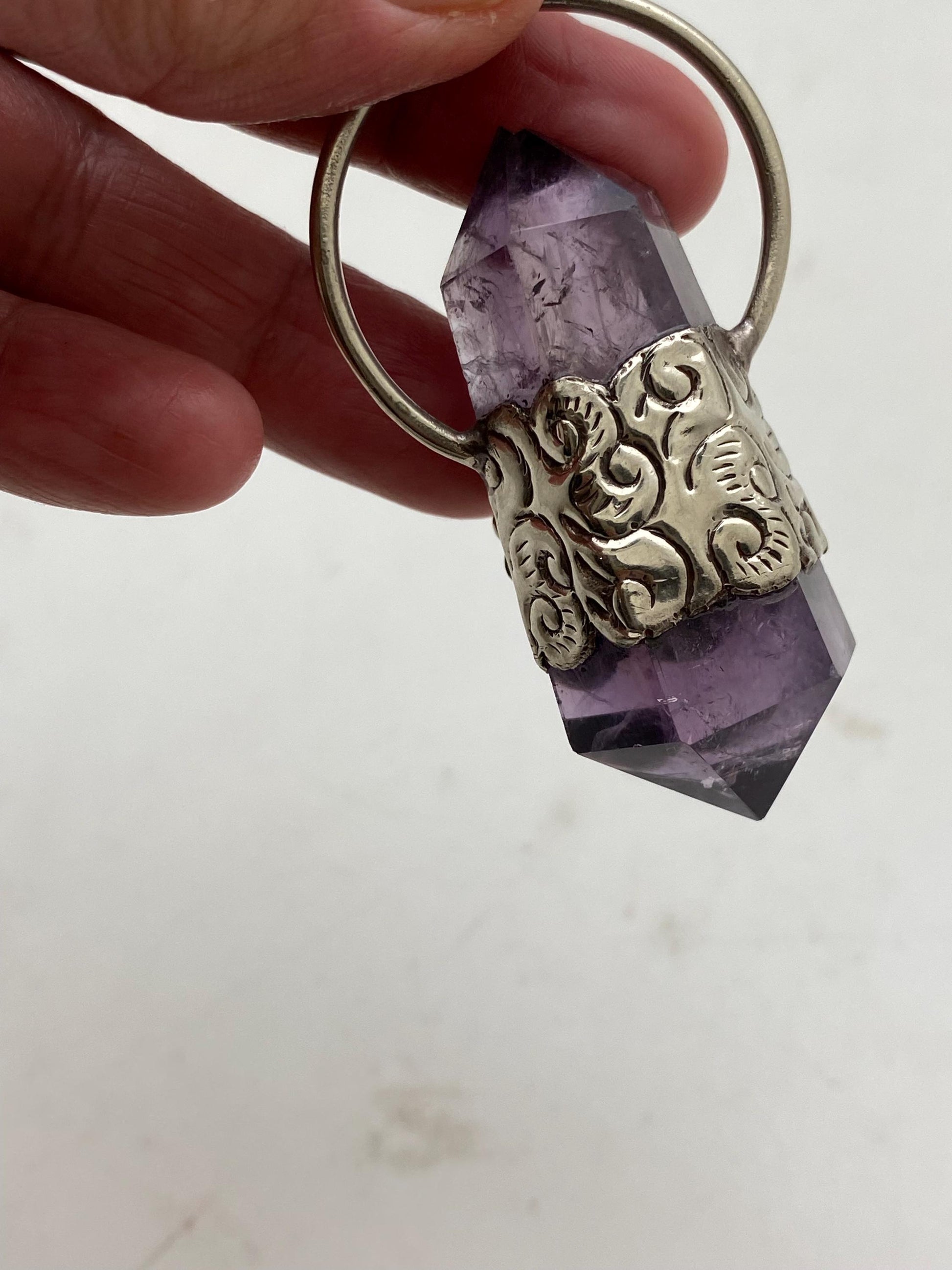 Handcrafted Amethyst Double Point Pendant: Tibetan Silver Floral Design