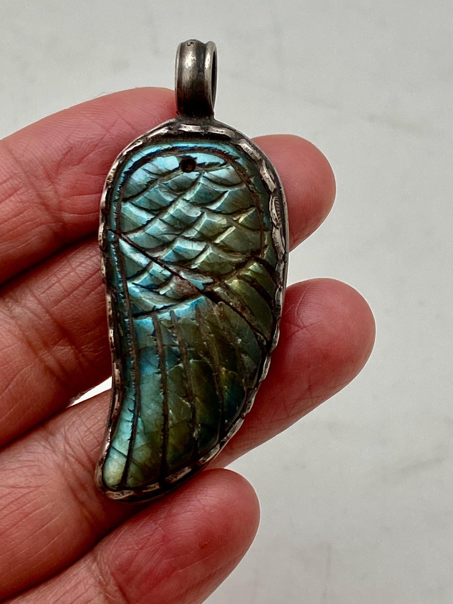 labradorite carved wing pendant, handcrafted, Sterling silver, Nepalese