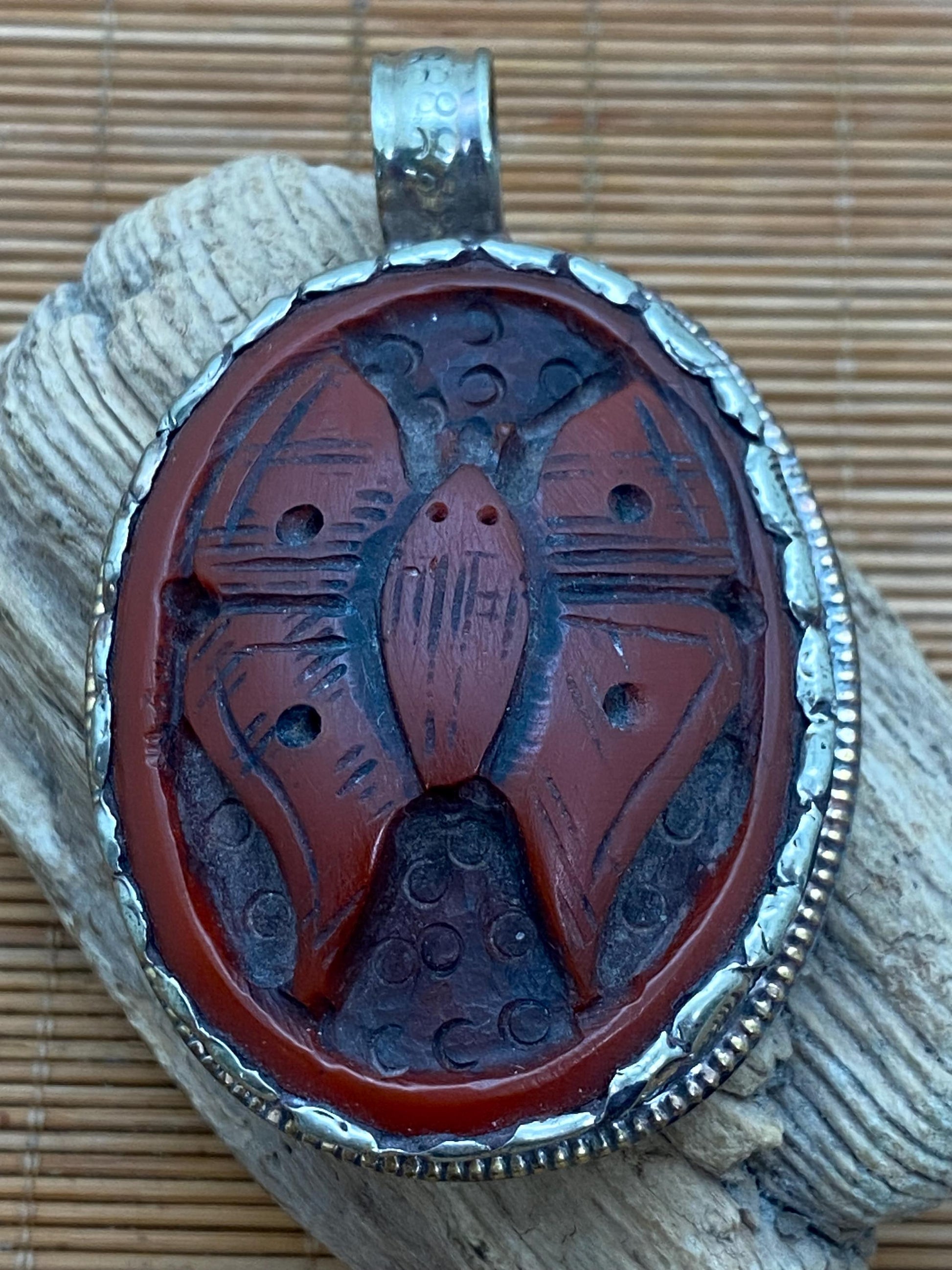 Butterfly pendant, handcrafted, Bone carved, Tibetan silver, Bug pendant,Red Butterfly