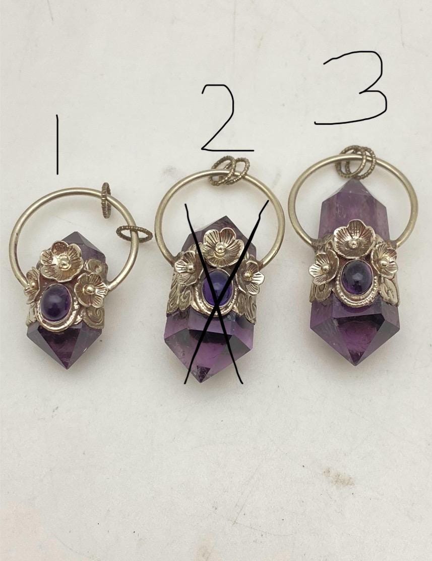 Handcrafted Amethyst Double Point Pendant: Tibetan Silver Floral Design