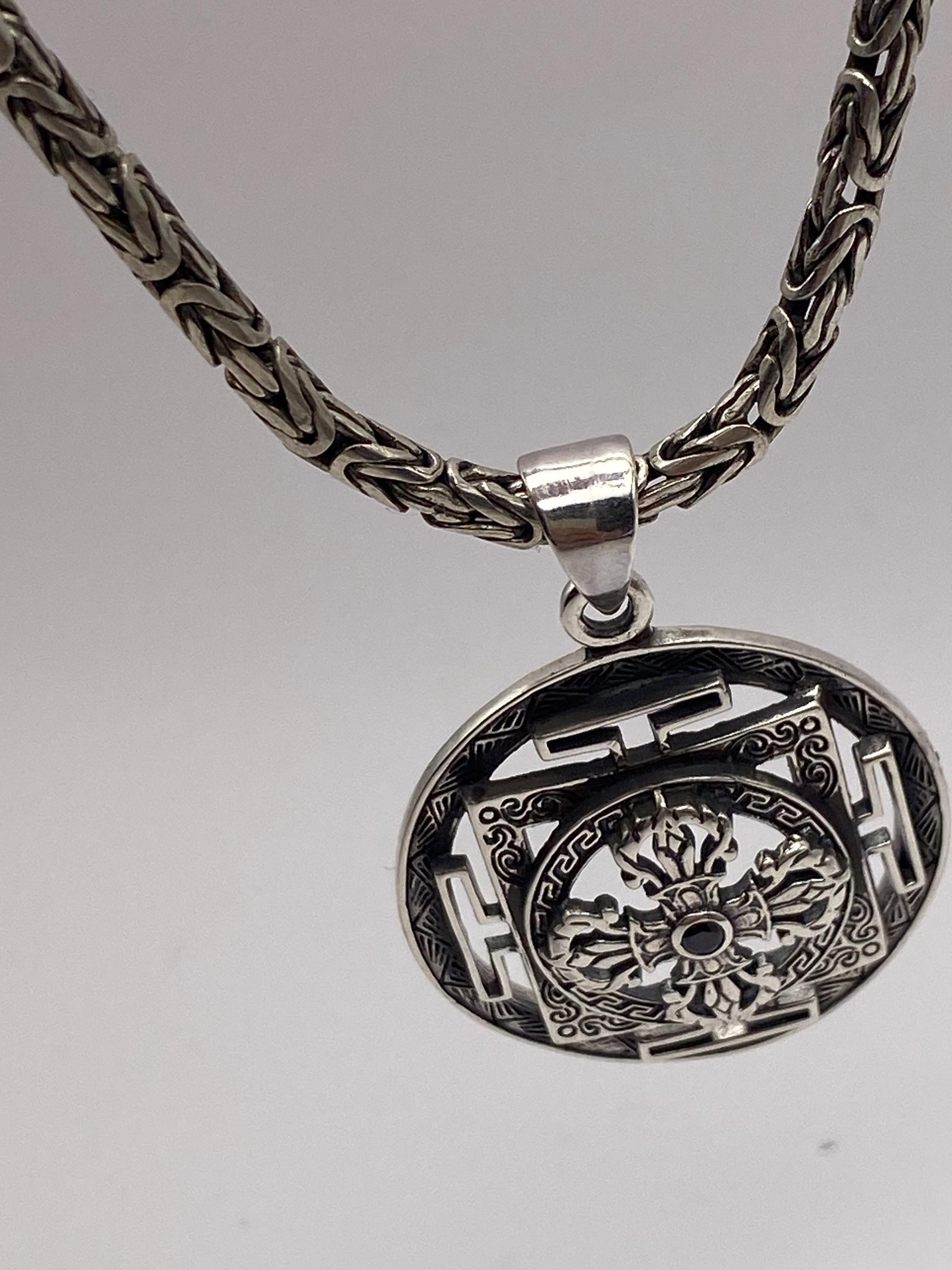 Dorje pendant,Double Dorje ,mandala,Black onyx, handcrafted,sterling silver,Nepalese