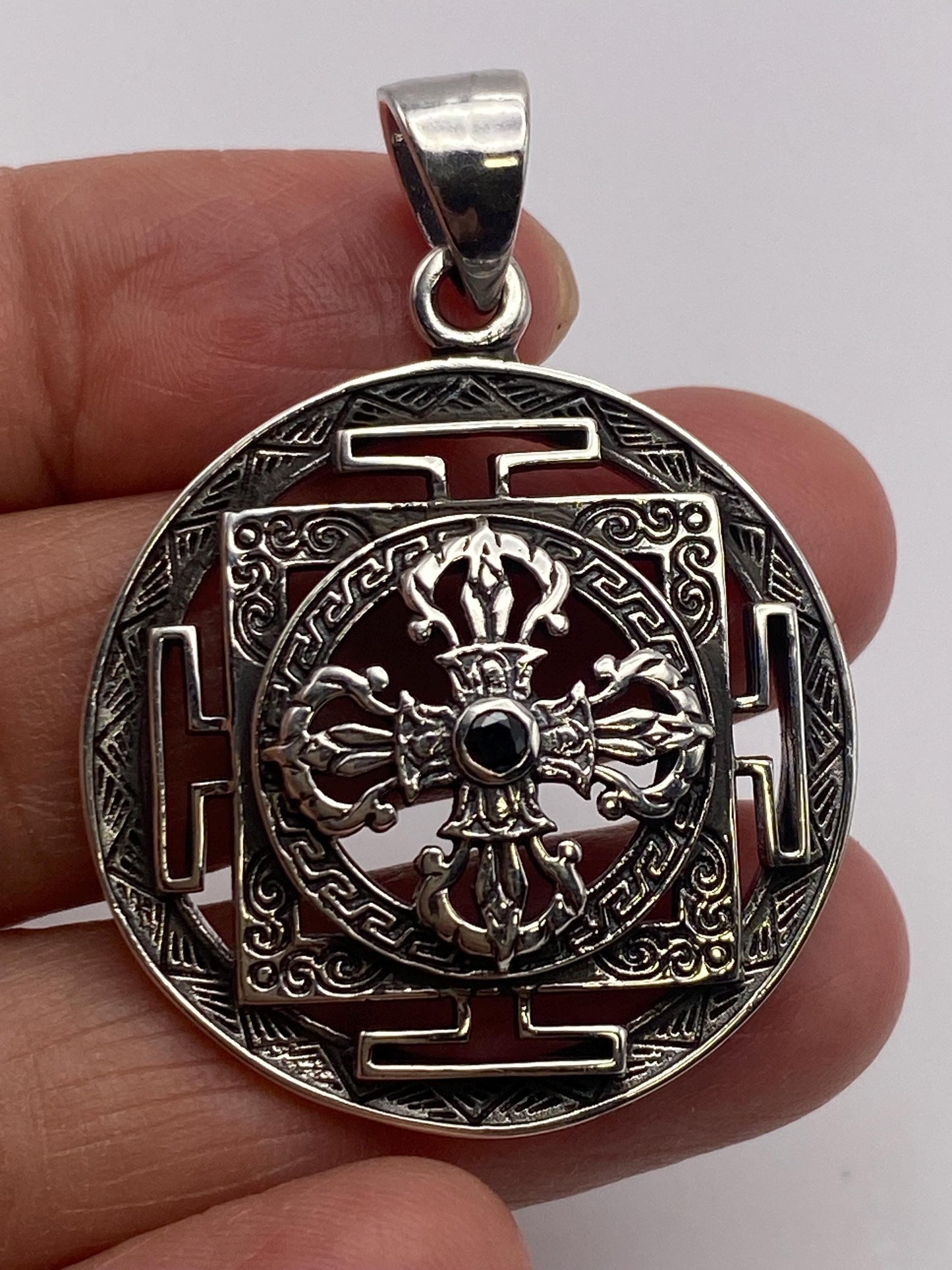 Dorje pendant,Double Dorje ,mandala,Black onyx, handcrafted,sterling silver,Nepalese