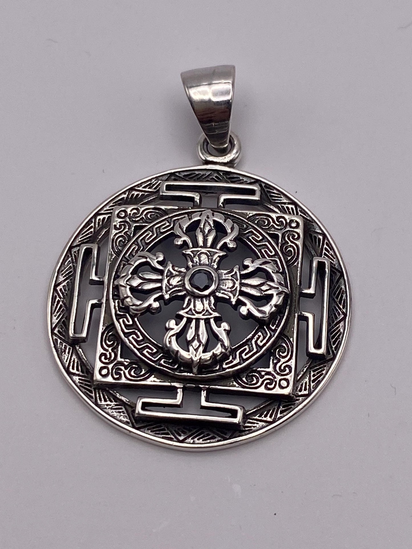 Dorje pendant,Double Dorje ,mandala,Black onyx, handcrafted,sterling silver,Nepalese