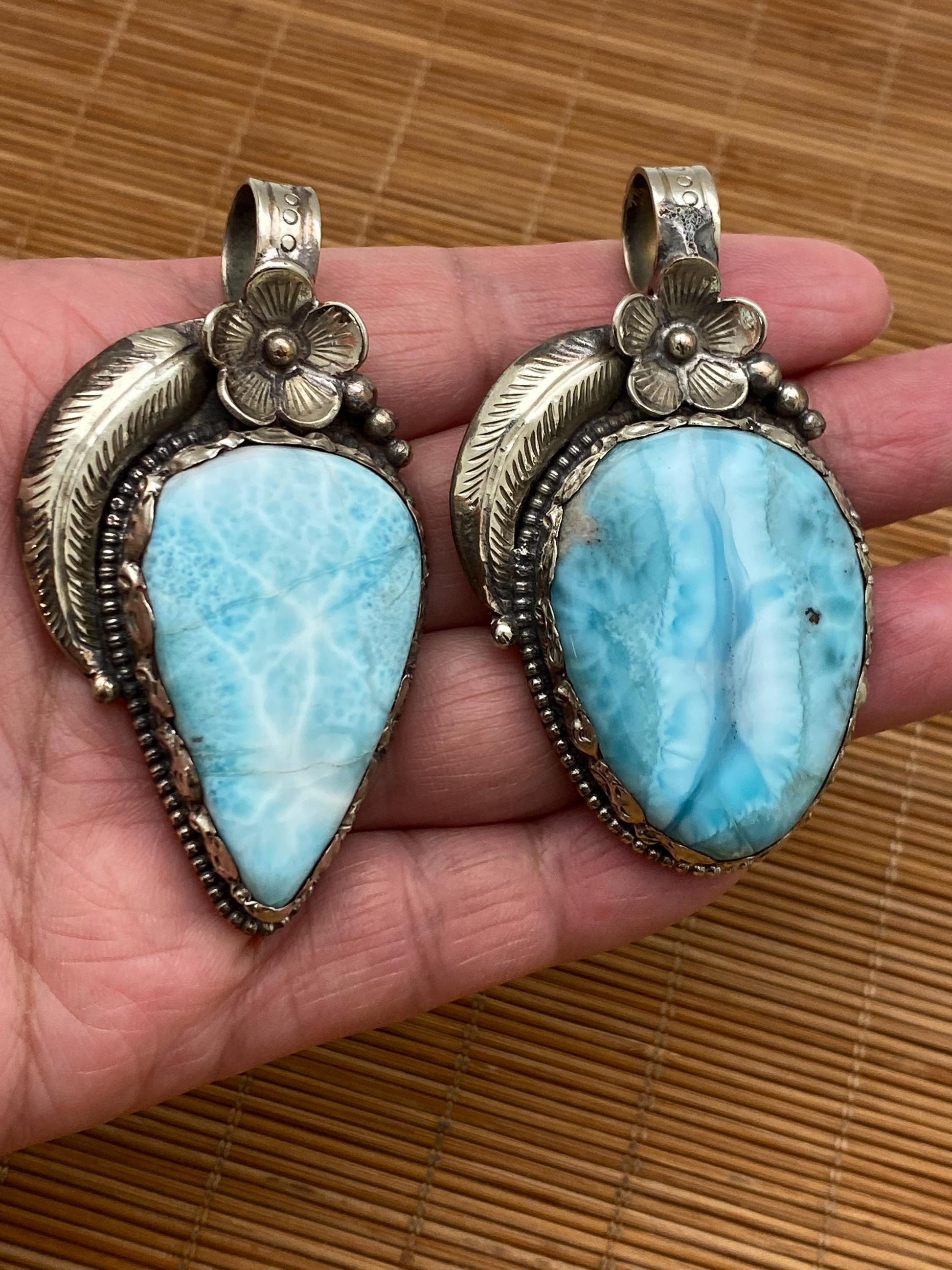 larimar pendant, handcrafted, Tibetan silver, floral design, Himalayan, Nepalese
