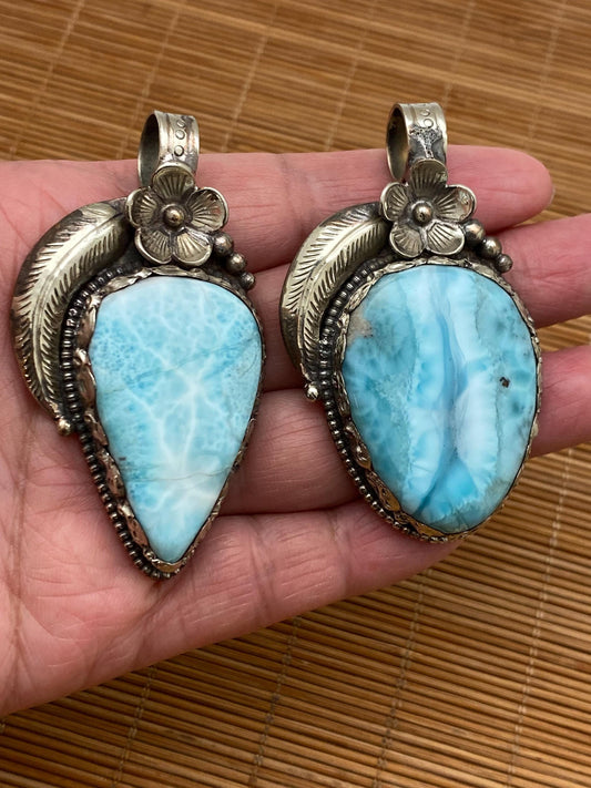 larimar pendant, handcrafted, Tibetan silver, floral design, Himalayan, Nepalese