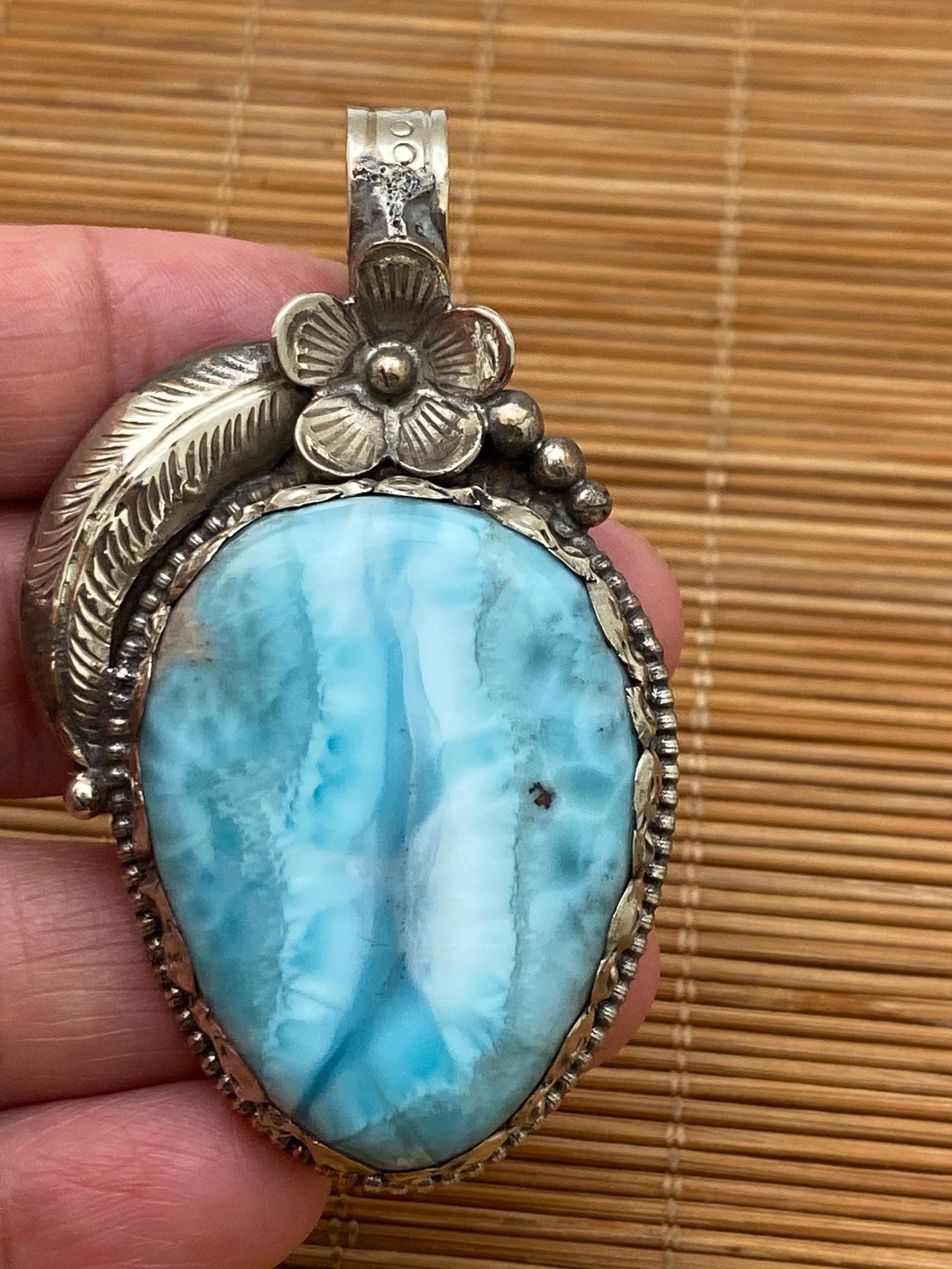 larimar pendant, handcrafted, Tibetan silver, floral design, Himalayan, Nepalese