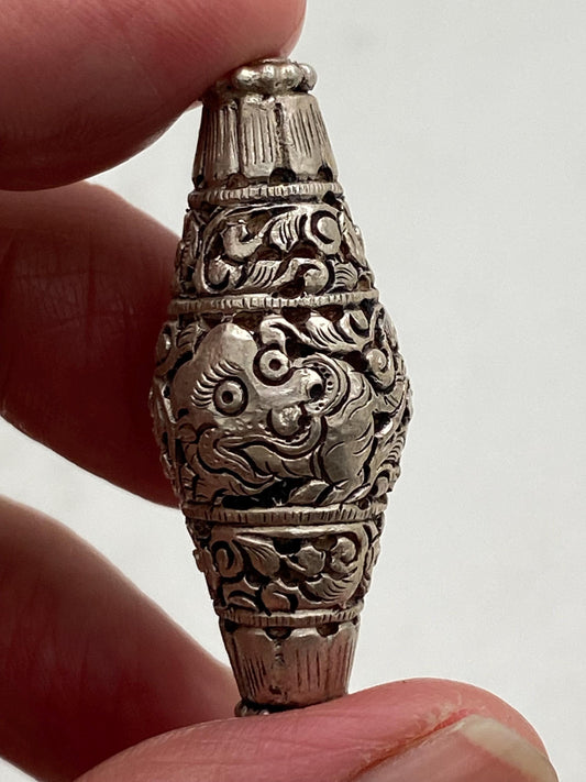 Handcrafted Sterling Silver Tube Bead: Nepalese Fu Dog Floral Design