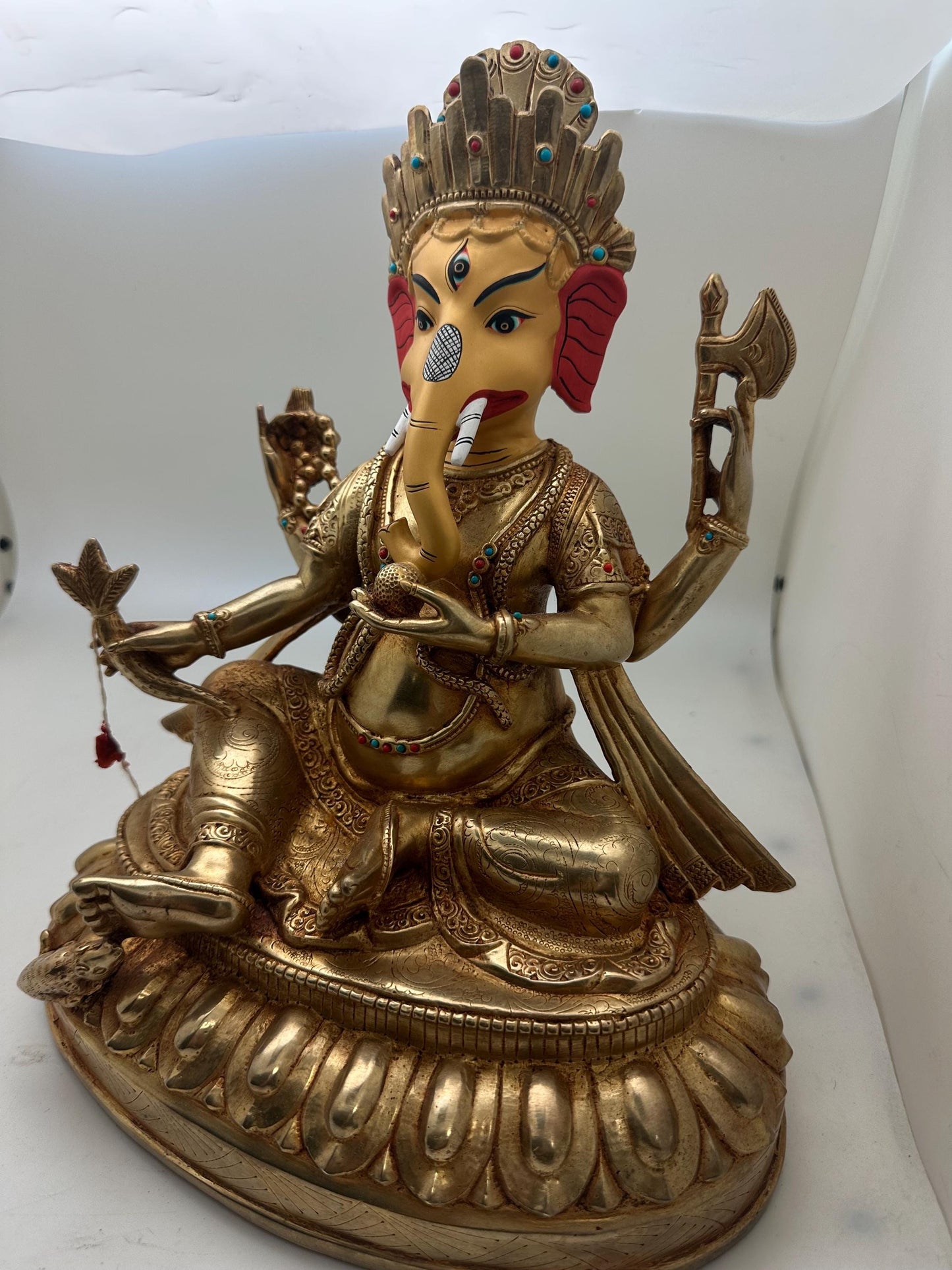 Handcrafted Gold Plated Lord Ganesh Statue with Turquoise and Coral Inlay