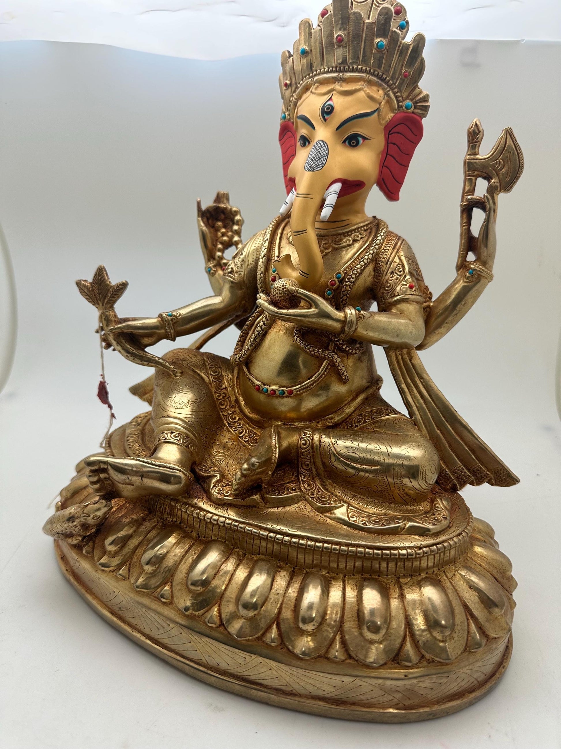 Handcrafted Gold Plated Lord Ganesh Statue with Turquoise and Coral Inlay