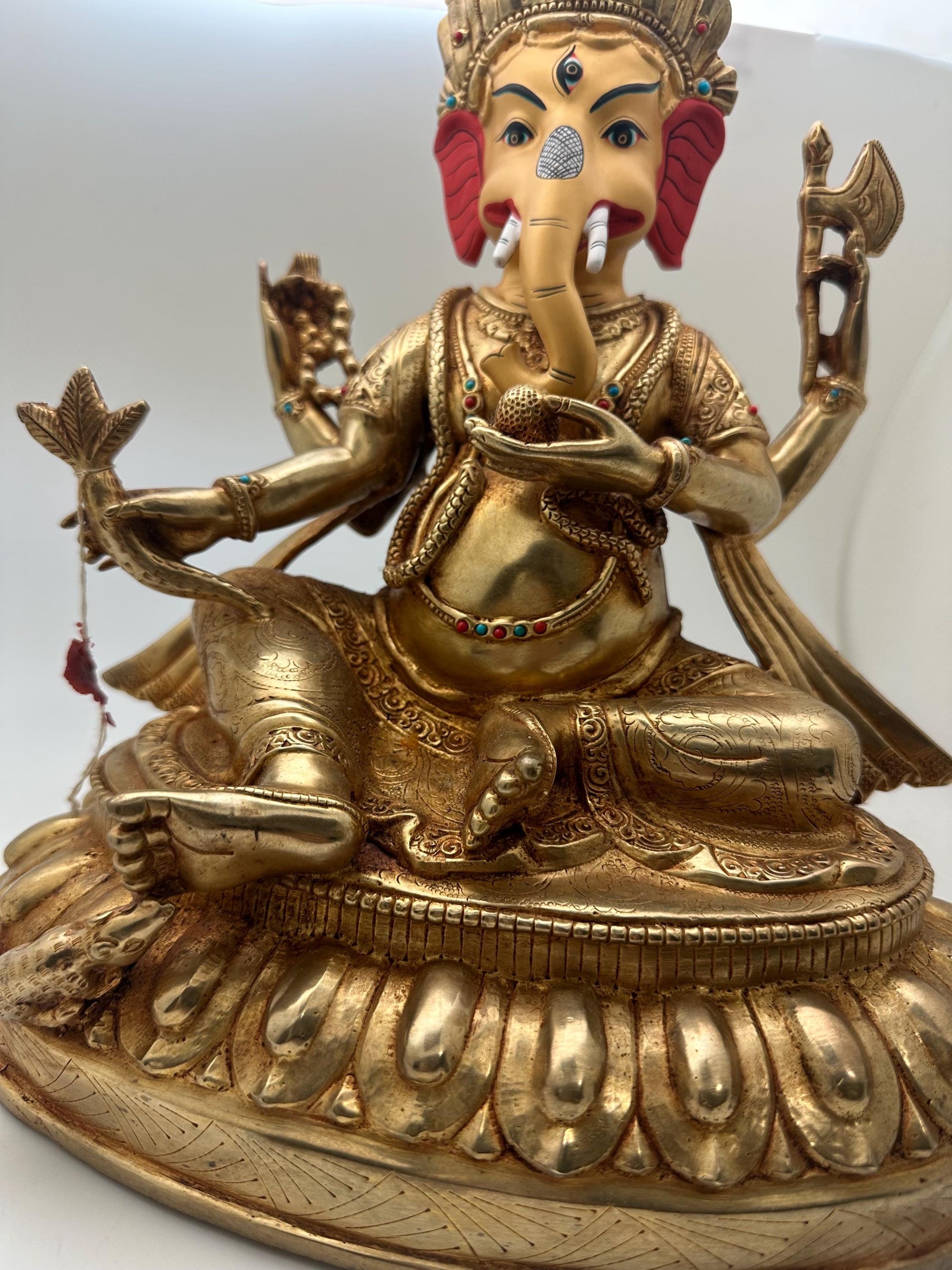 Handcrafted Gold Plated Lord Ganesh Statue with Turquoise and Coral Inlay