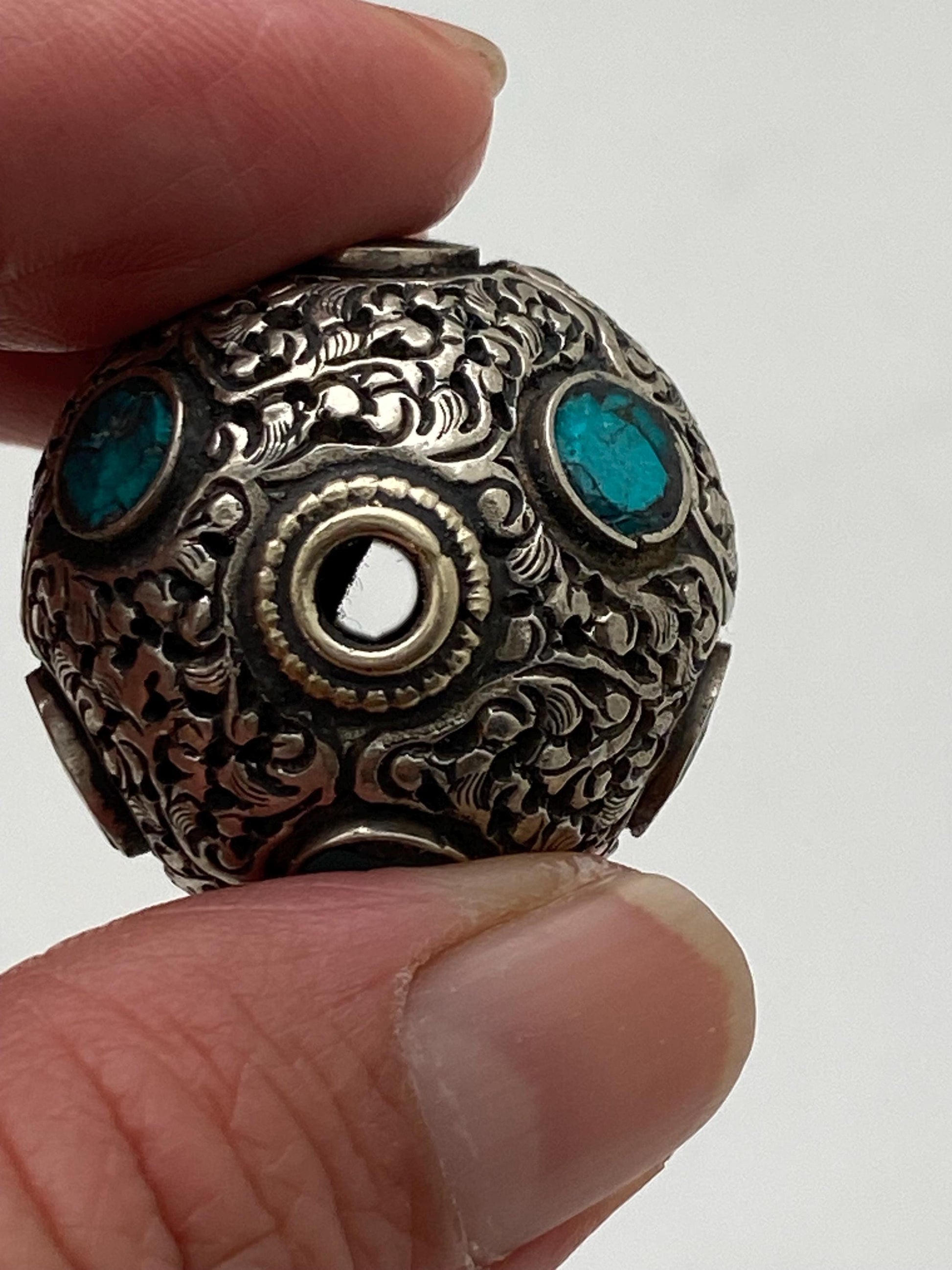 bead, turquoise inlaid bead,handcrafted,Tibetan silver,beads for necklace and bracelet, Himalayan,Nepalese