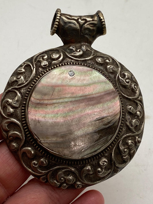 Large pendant,mother of pearl, Tibetan silver,ethnic style,Handcrafted,Himalayan, Nepalese