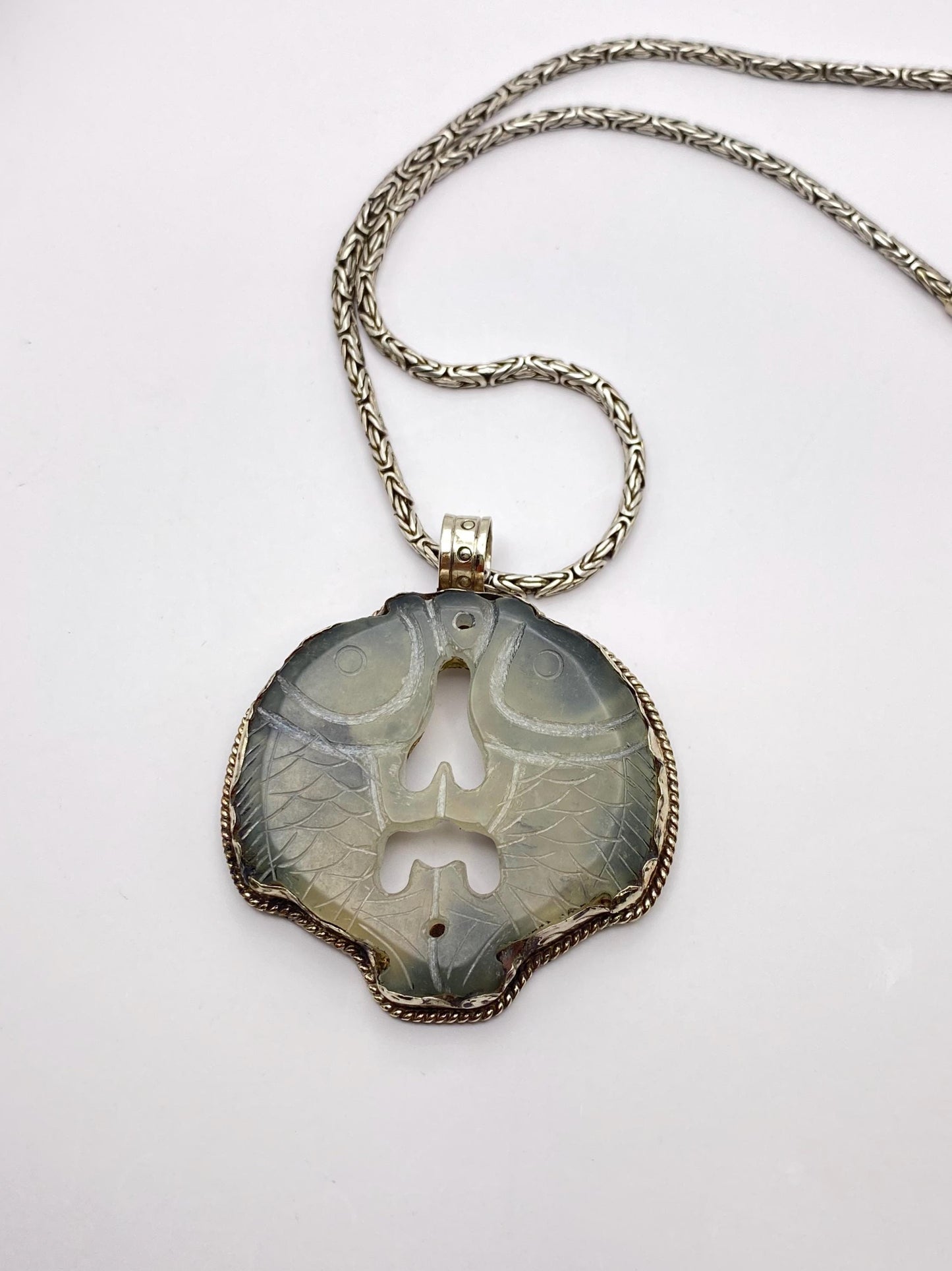 Jade Double Fish Pendant: Handcrafted Tibetan Silver, Nepalese