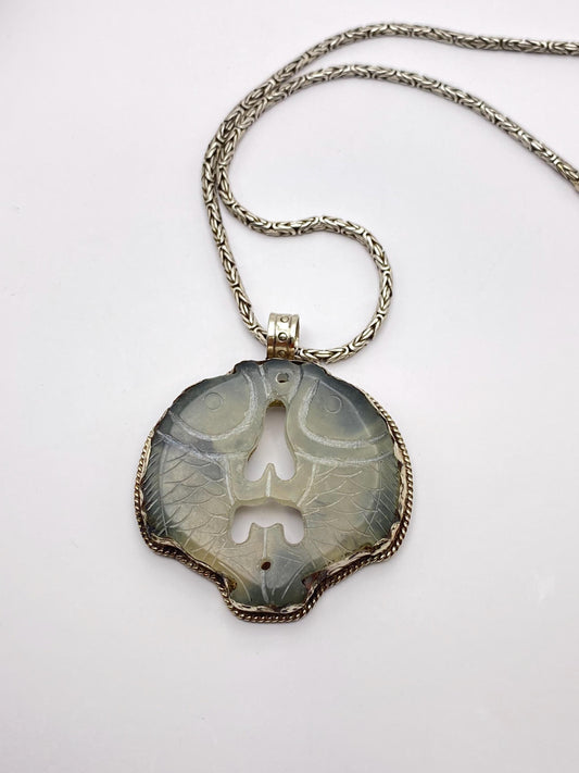 Jade Double Fish Pendant: Handcrafted Tibetan Silver, Nepalese