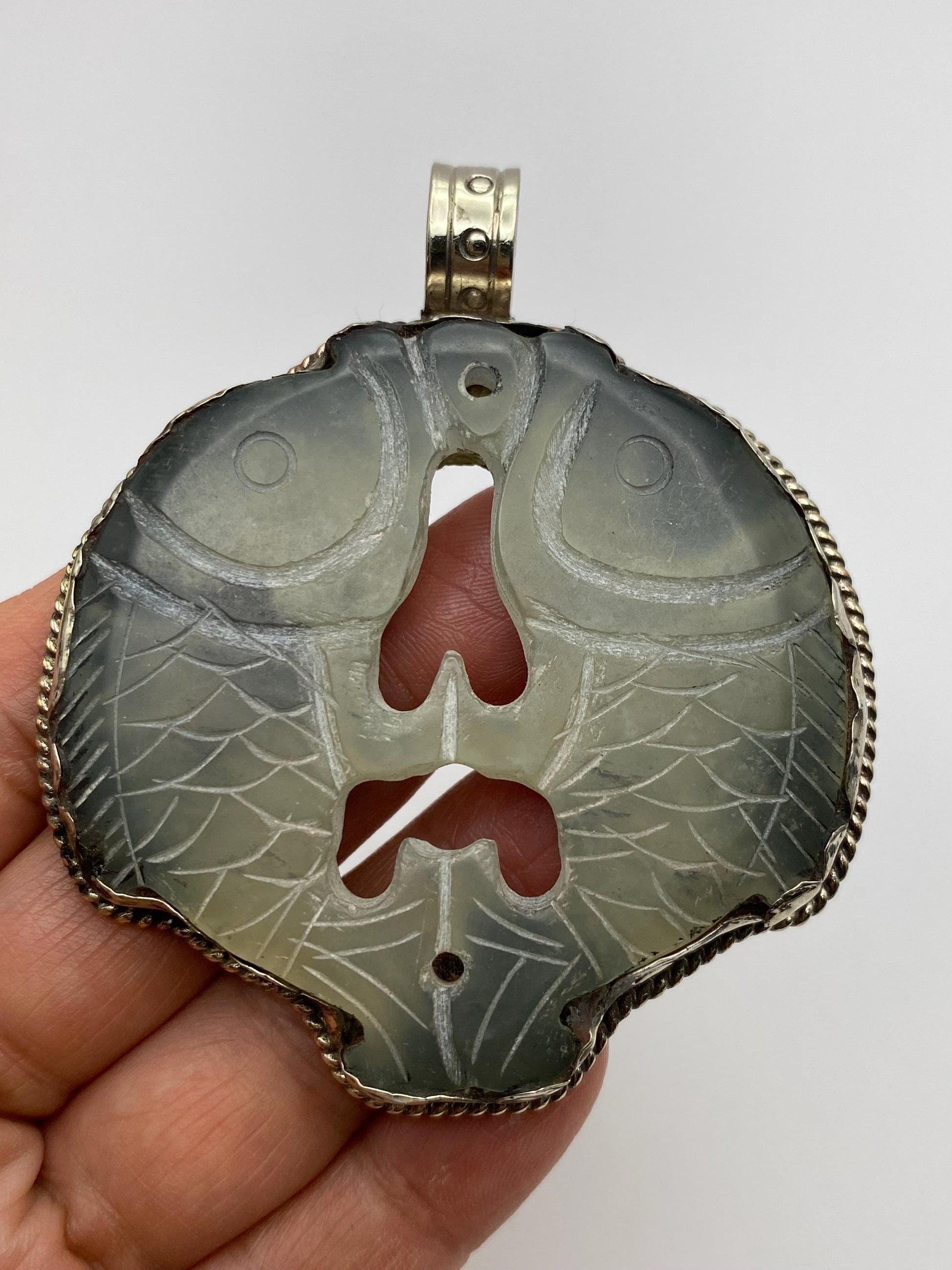 Jade Double Fish Pendant: Handcrafted Tibetan Silver, Nepalese