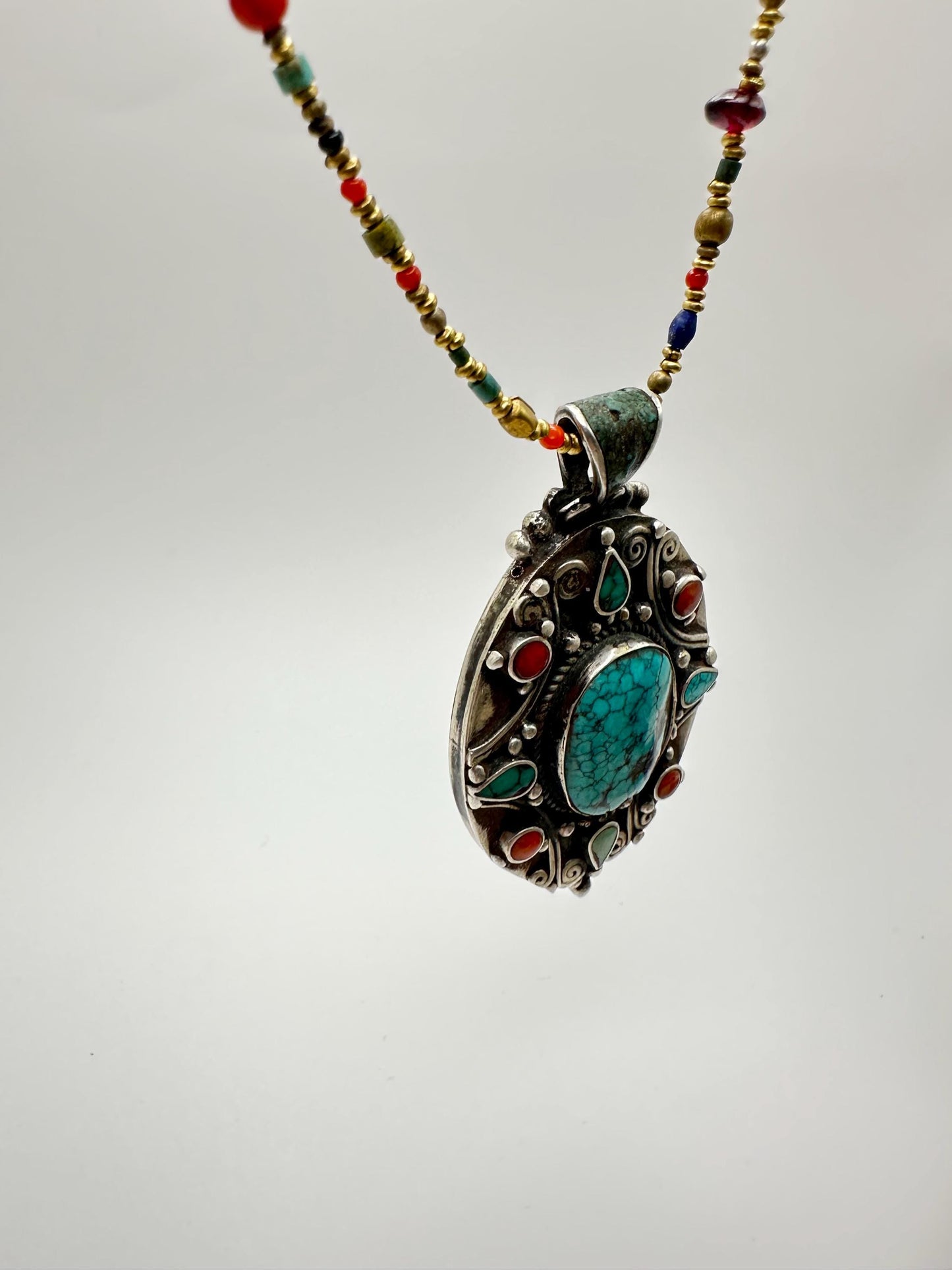 Turquoise, coral pendant, sterling silver, handcrafted,ethnic style,Nepalese