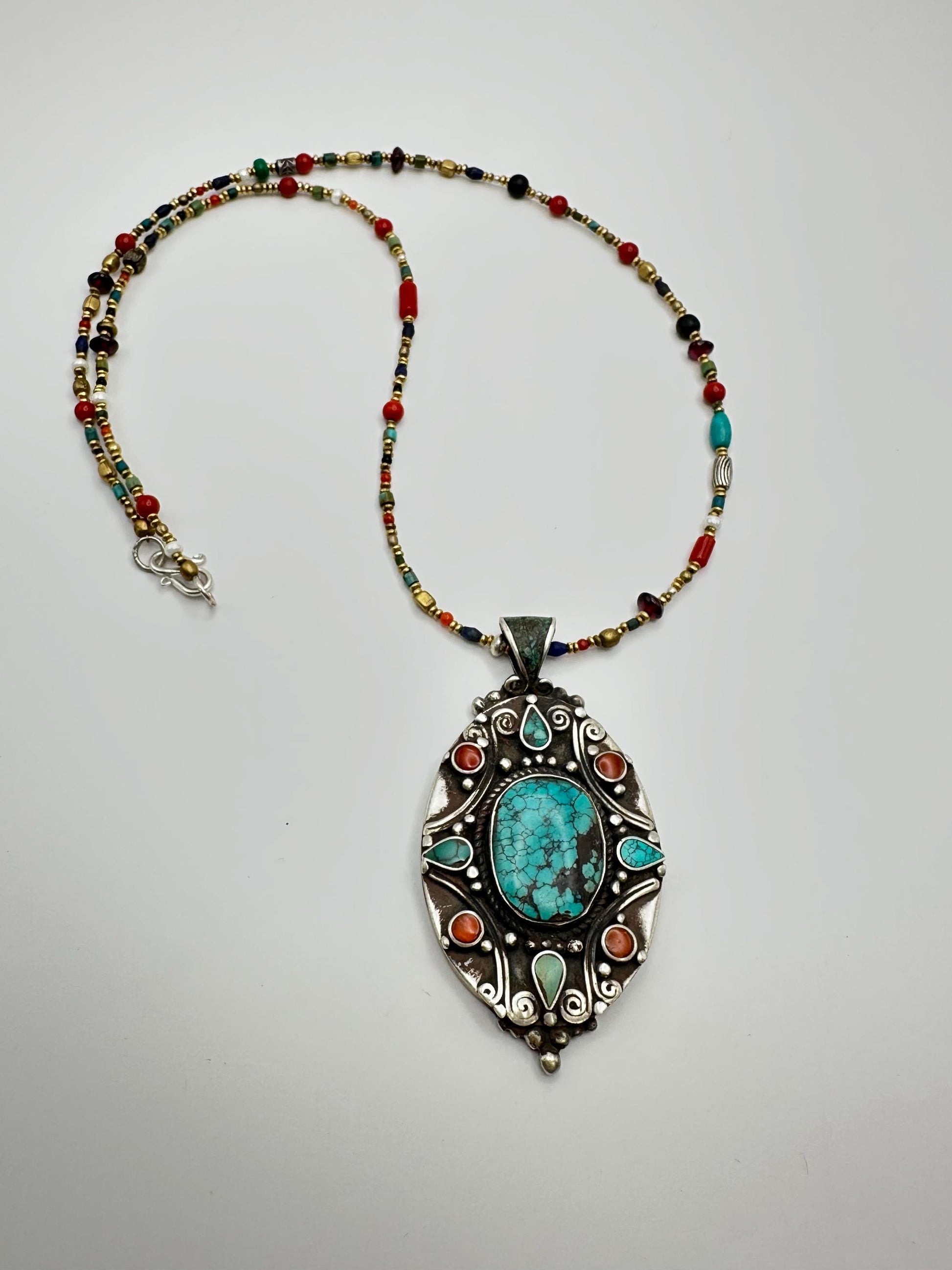 Turquoise, coral pendant, sterling silver, handcrafted,ethnic style,Nepalese