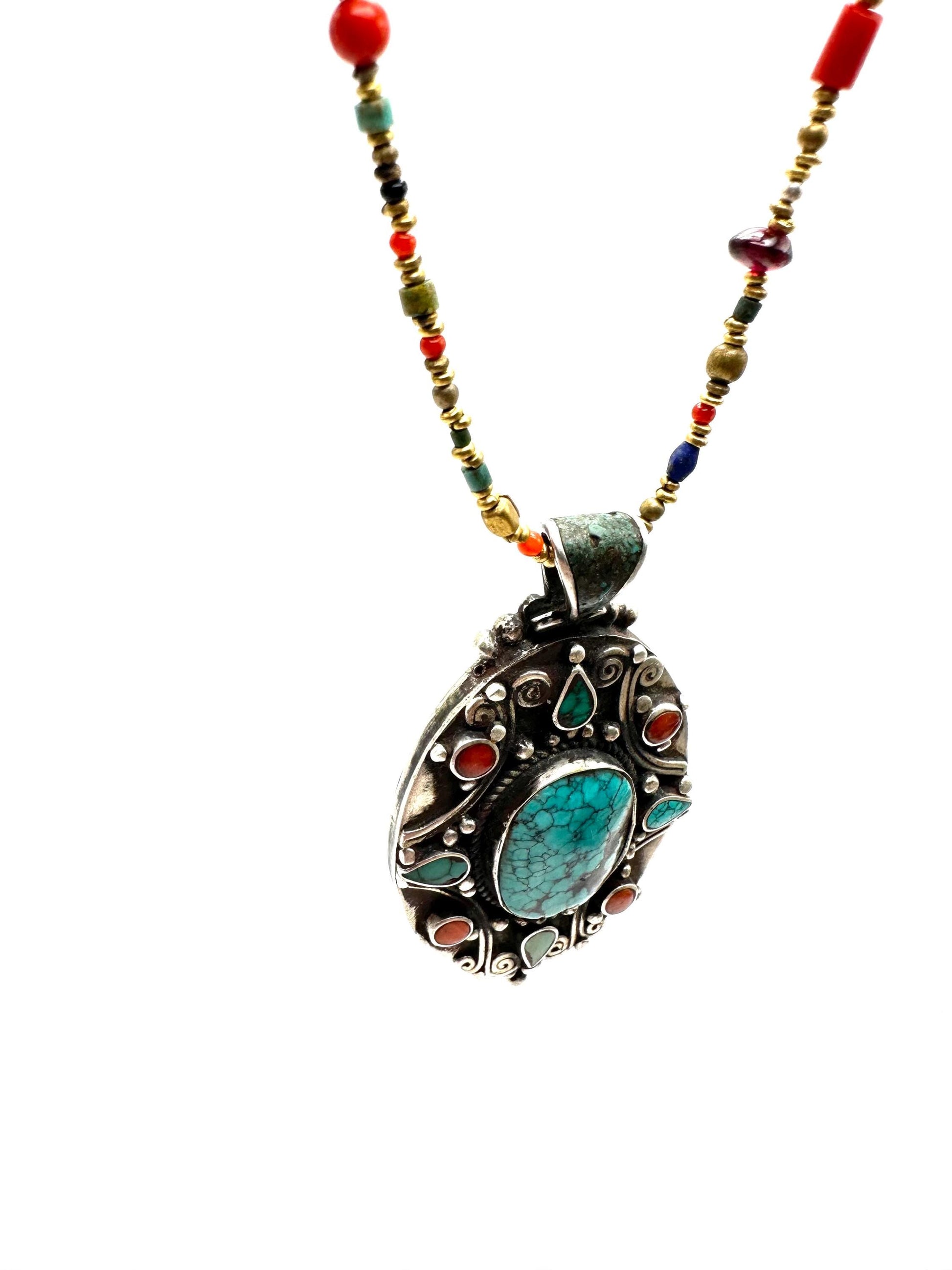 Turquoise, coral pendant, sterling silver, handcrafted,ethnic style,Nepalese