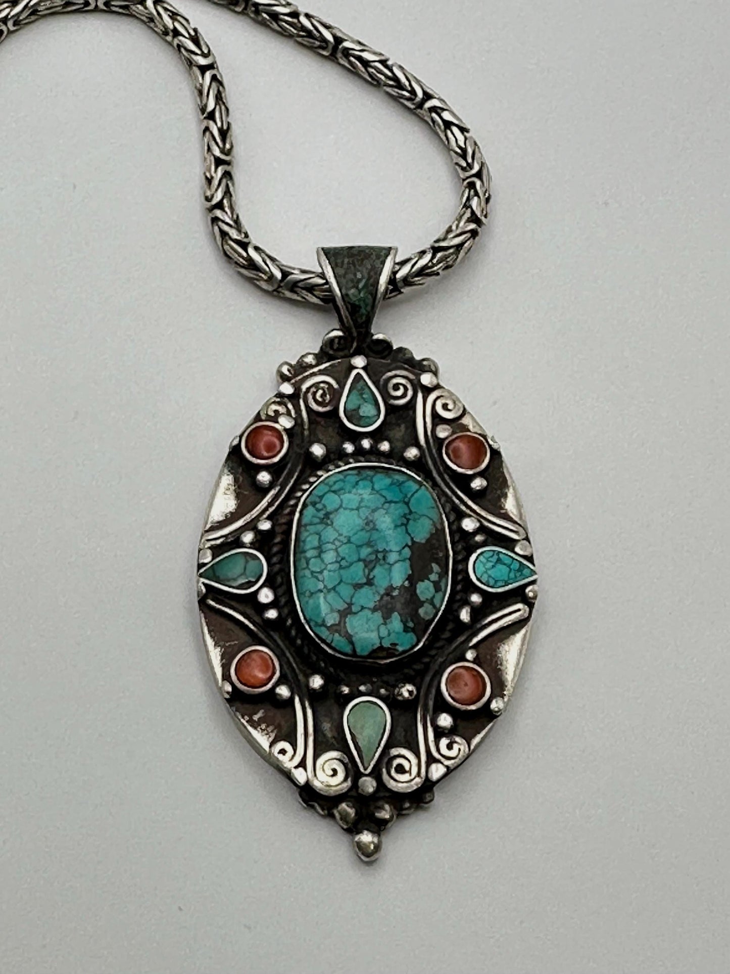 Turquoise, coral pendant, sterling silver, handcrafted,ethnic style,Nepalese