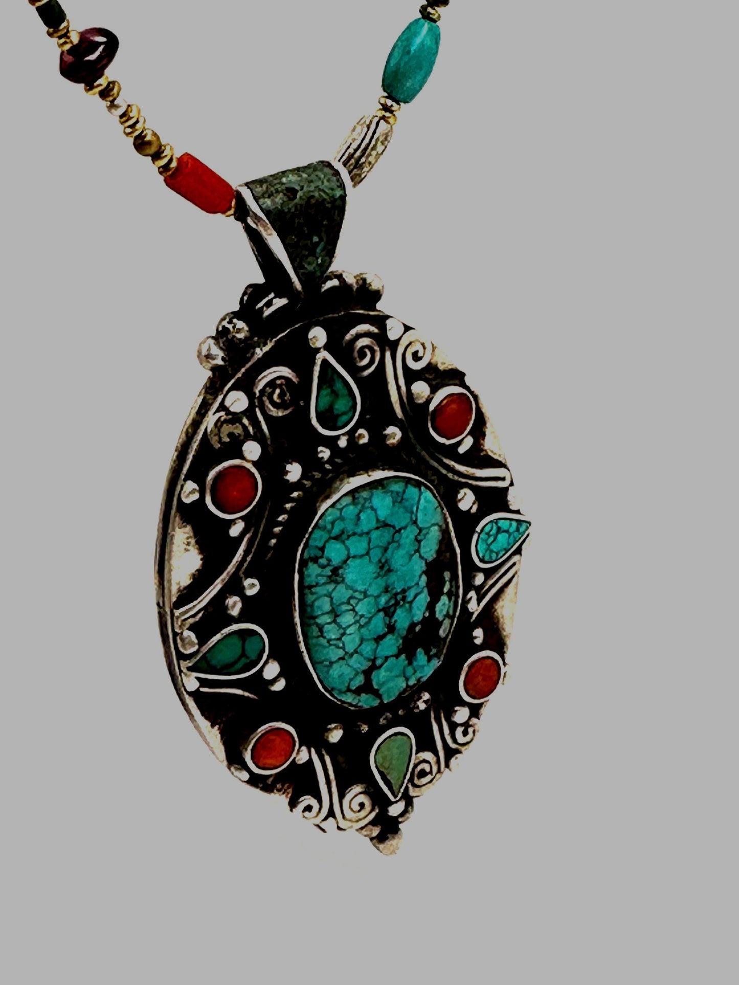 Turquoise, coral pendant, sterling silver, handcrafted,ethnic style,Nepalese