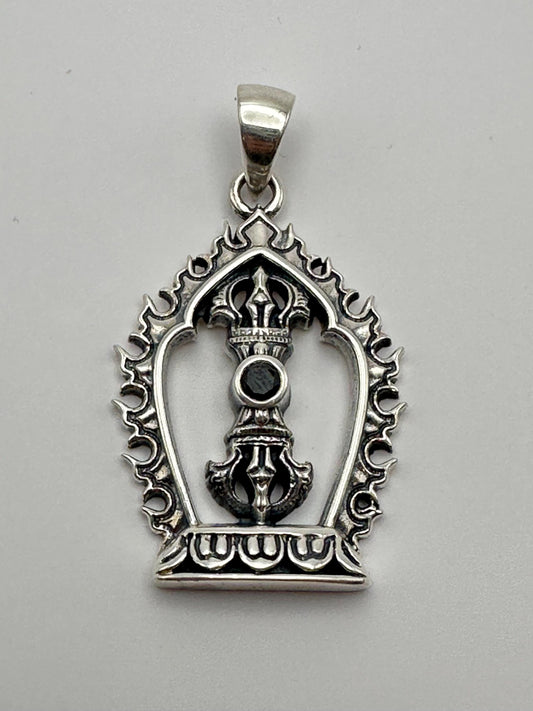 Sterling Silver Vajra Pendant: Black Onyx Dorje Flame Design