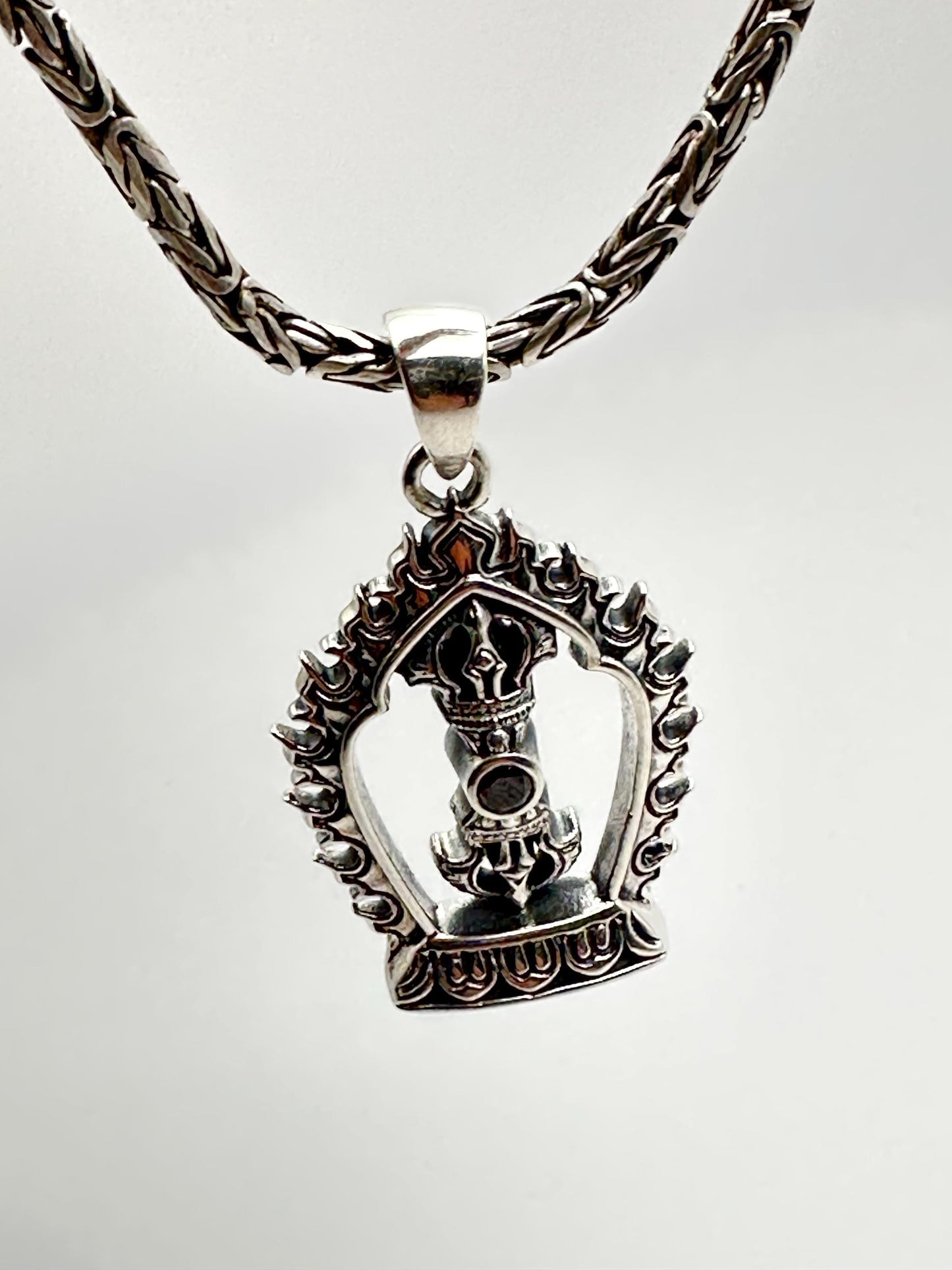 Sterling Silver Vajra Pendant: Black Onyx Dorje Flame Design