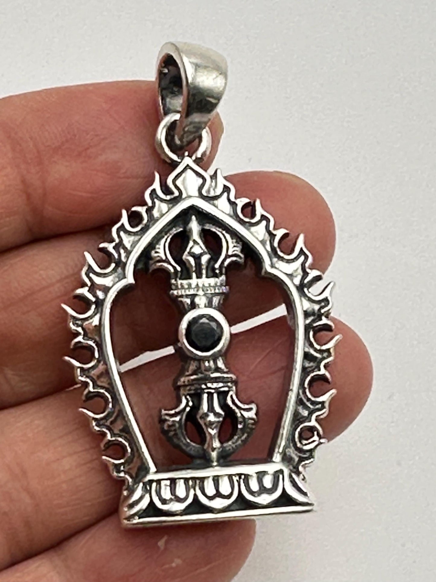 Sterling Silver Vajra Pendant: Black Onyx Dorje Flame Design
