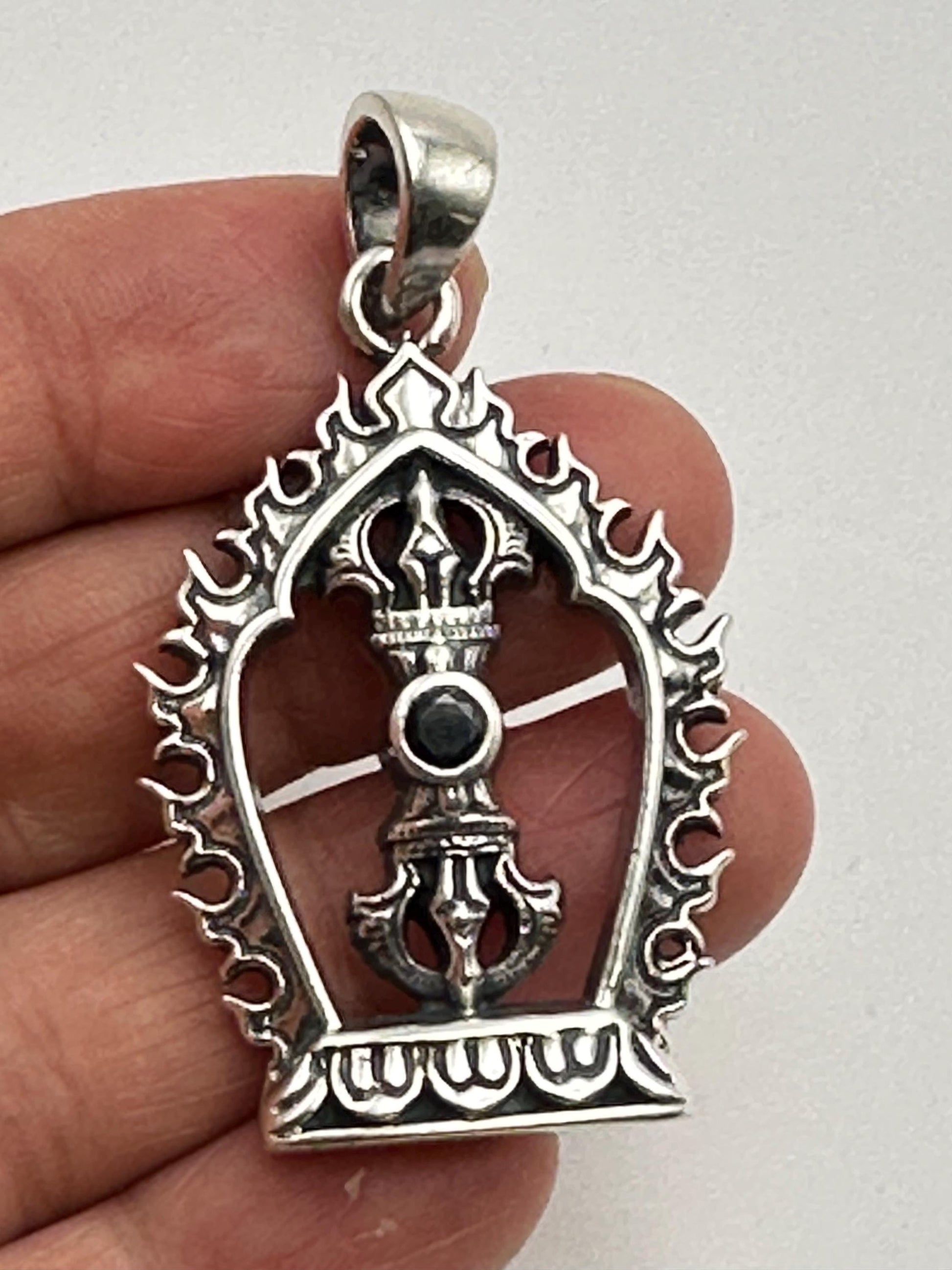 Sterling Silver Vajra Pendant: Black Onyx Dorje Flame Design