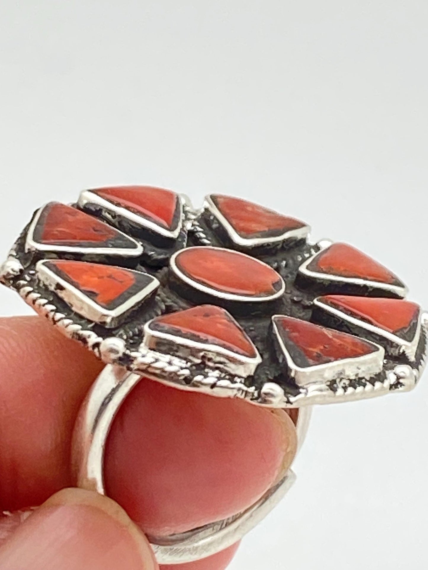 coral ring,handcrafted,sterling silver,Himalayan,Nepalese,ethnic style,floral design,adjustable