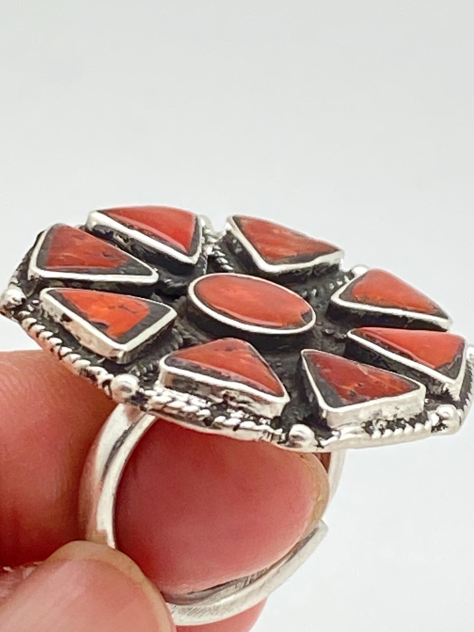 coral ring,handcrafted,sterling silver,Himalayan,Nepalese,ethnic style,floral design,adjustable