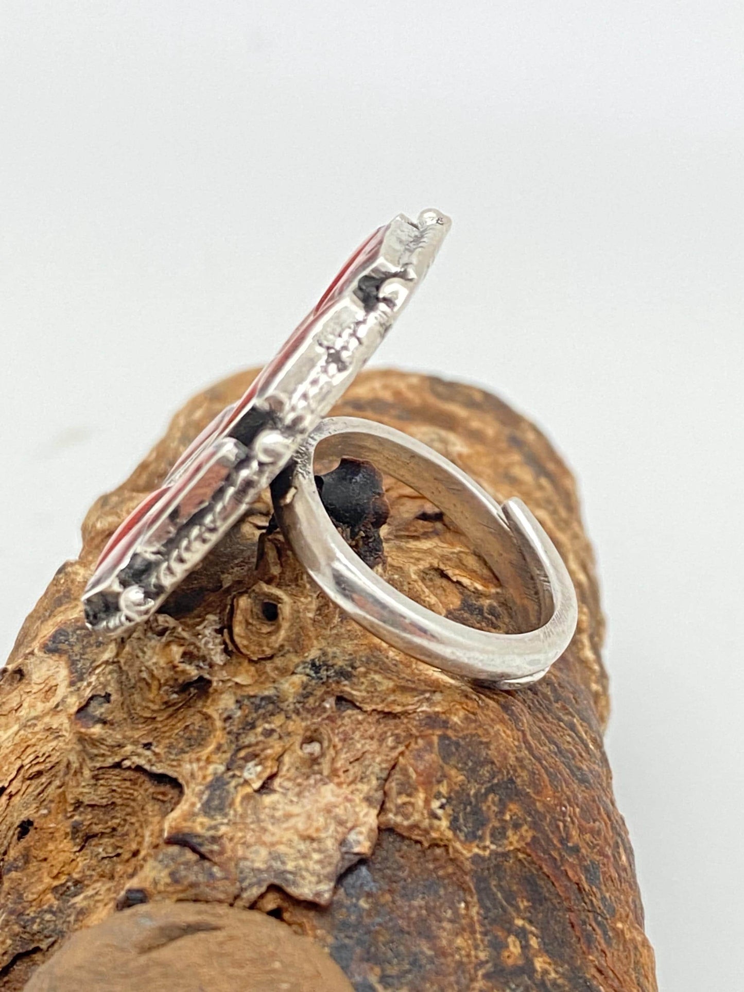 coral ring,handcrafted,sterling silver,Himalayan,Nepalese,ethnic style,floral design,adjustable