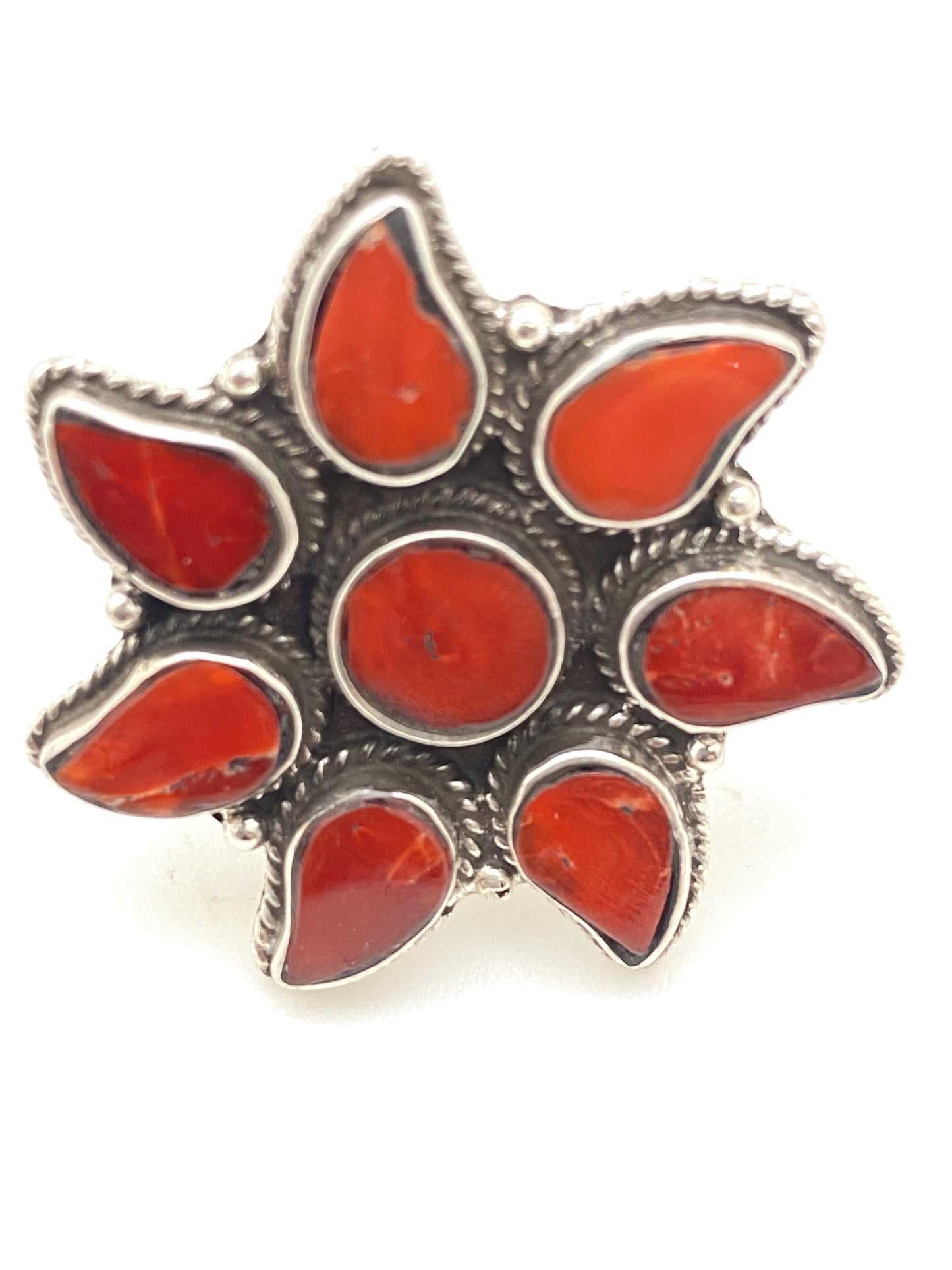 coral ring,handcrafted,sterling silver,Himalayan,Nepalese,ethnic style,floral design,adjustable