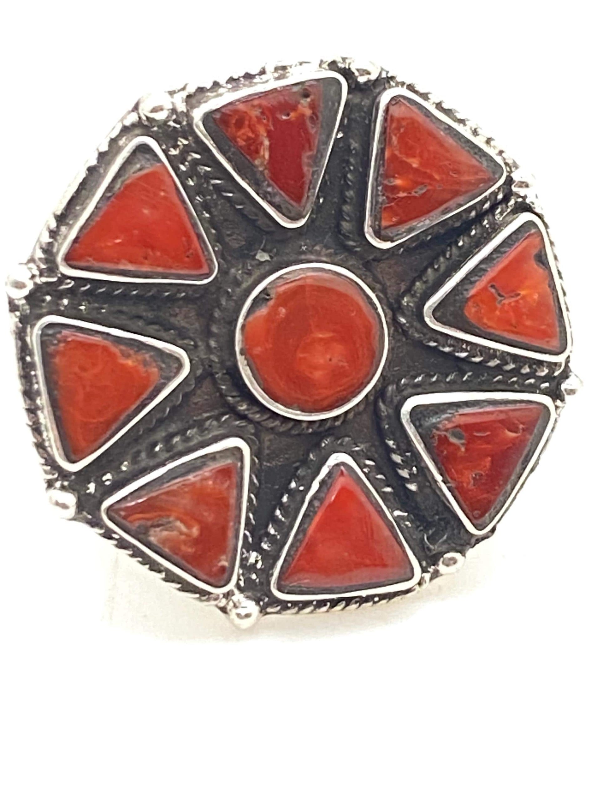 coral ring,handcrafted,sterling silver,Himalayan,Nepalese,ethnic style,floral design,adjustable