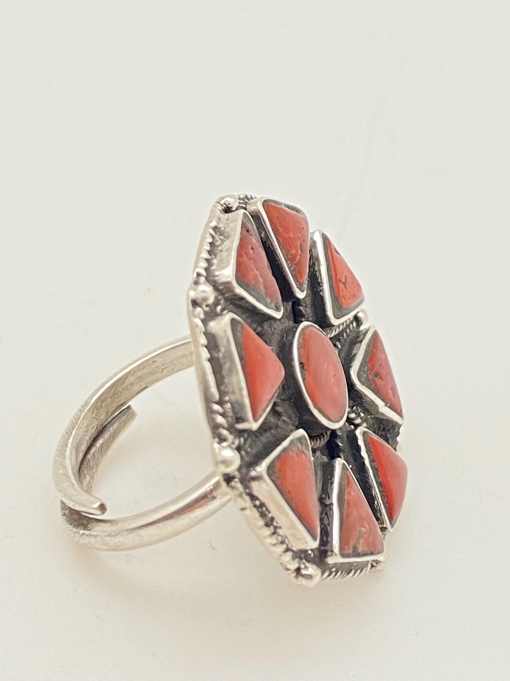 coral ring,handcrafted,sterling silver,Himalayan,Nepalese,ethnic style,floral design,adjustable