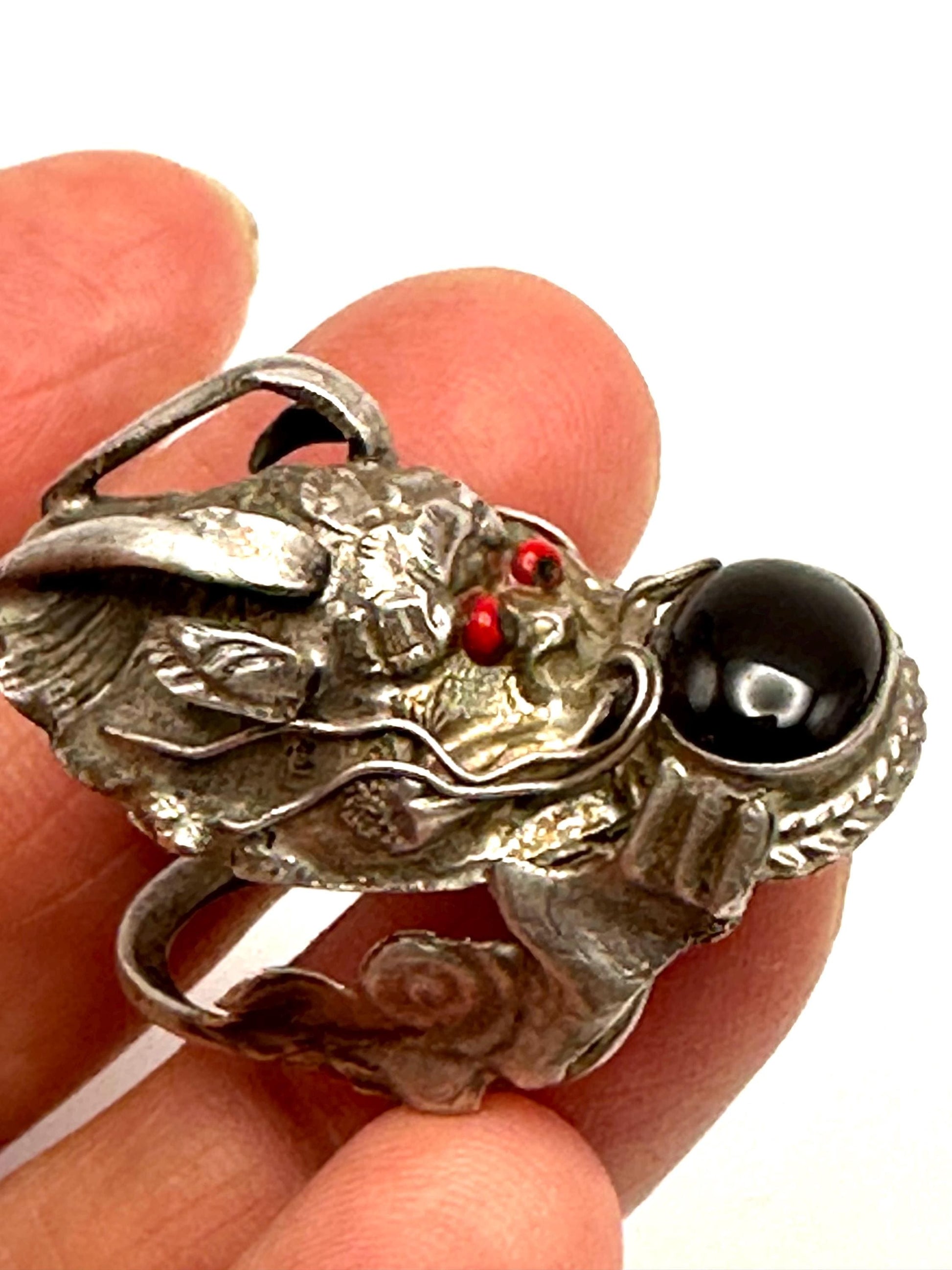 Dragon ring,sterling silver, handcrafted,black obsidian, ethnic style, adjustable ring,Himalayan,Nepalese
