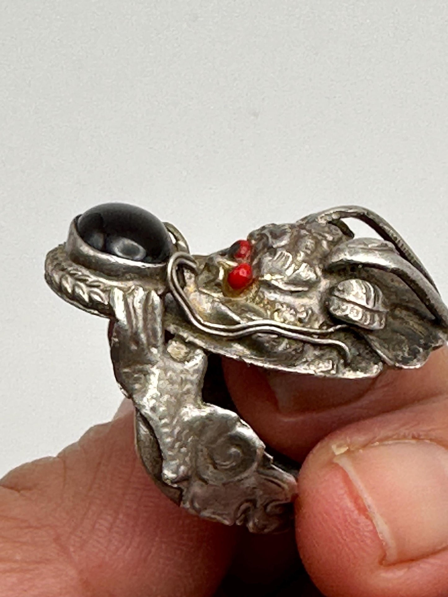 Dragon ring,sterling silver, handcrafted,black obsidian, ethnic style, adjustable ring,Himalayan,Nepalese