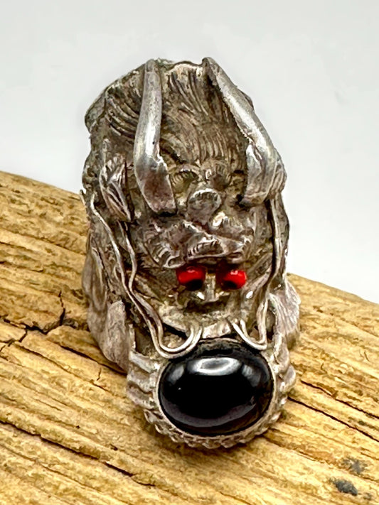 Dragon ring,sterling silver, handcrafted,black obsidian, ethnic style, adjustable ring,Himalayan,Nepalese