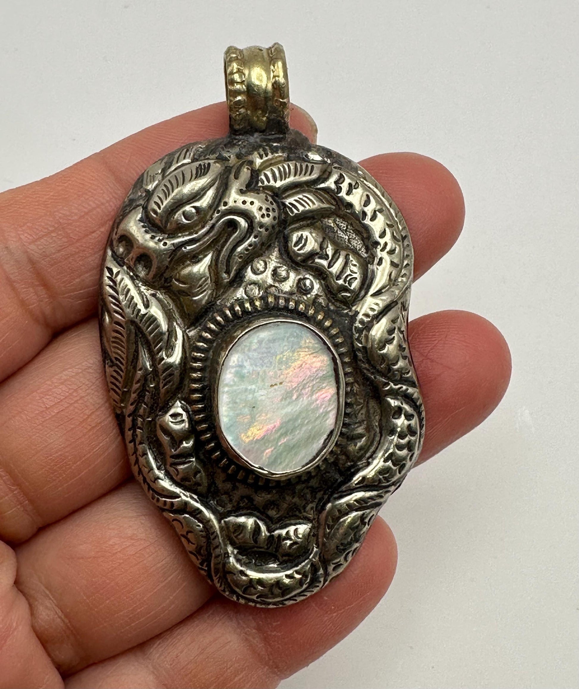 Dragon pendant, handcrafted, Tibetan silver,ethnic style,mother of pearl ,Nepalese,