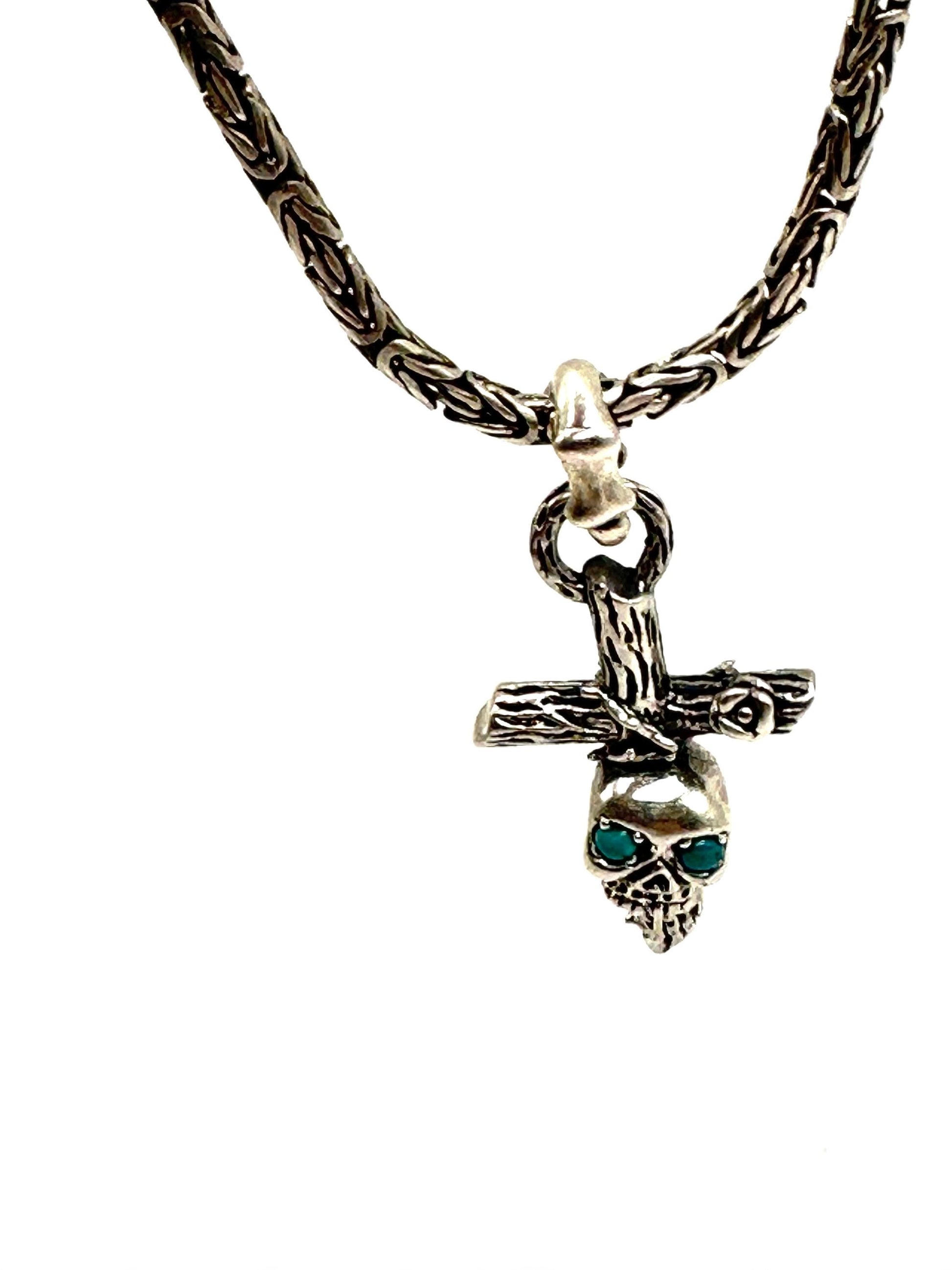 Sterling Silver Cross Skull Pendant: Gothic Turquoise Jewelry
