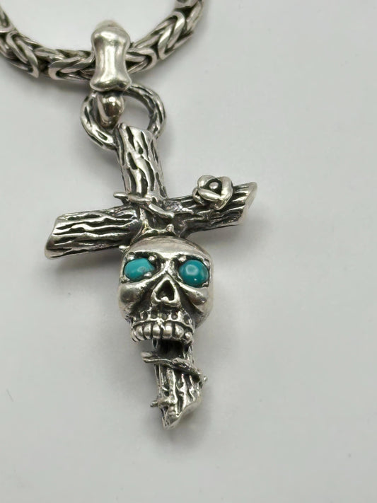 Sterling Silver Cross Skull Pendant: Gothic Turquoise Jewelry